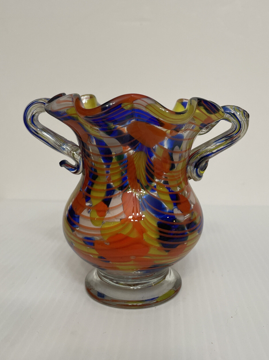 Vintage Double Handled Confetti Murano Vase Lavorazione Hand Blown Made in Italy