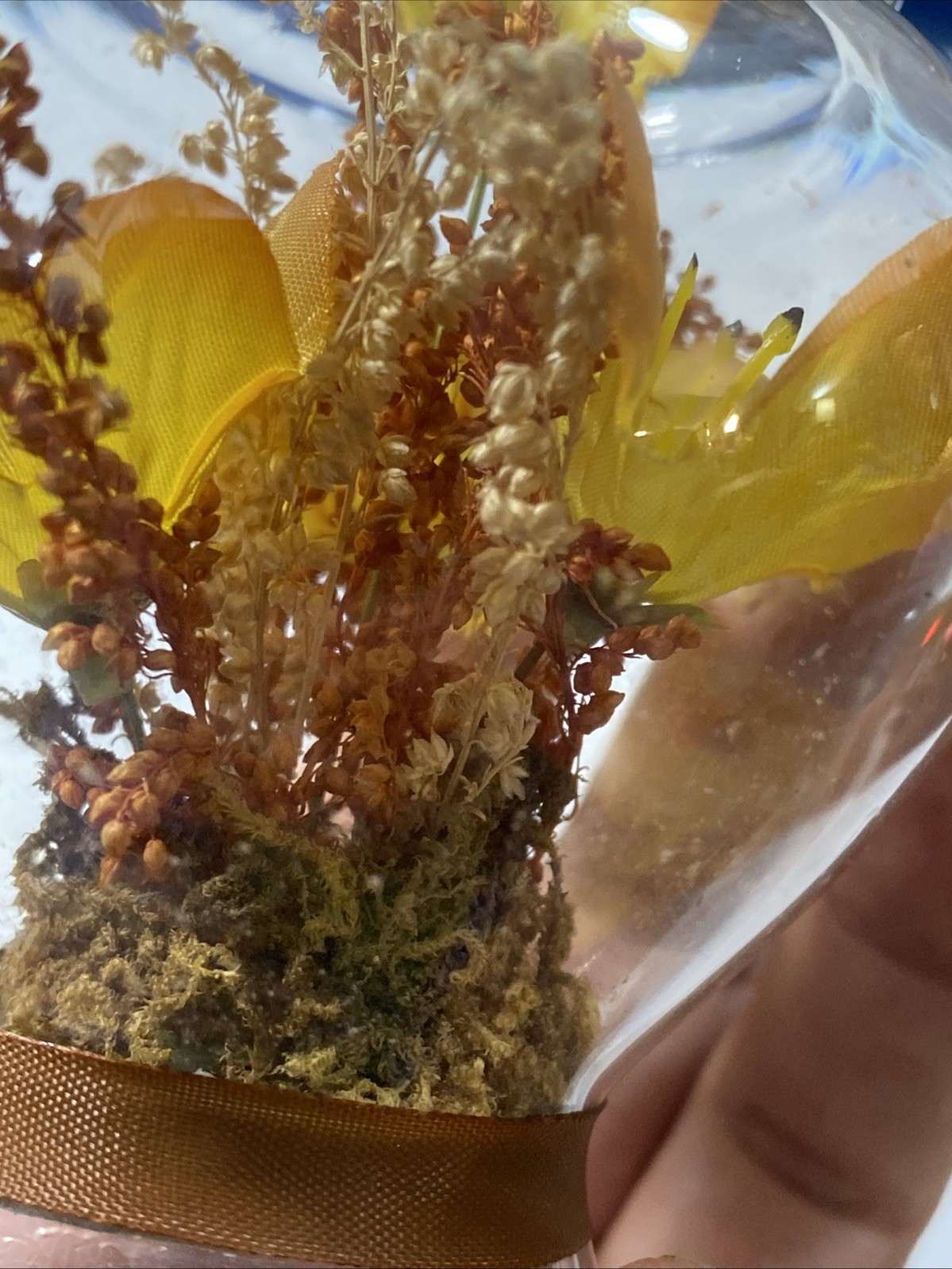Vintage Glass Dome Egg Cloche Yellow Flowers