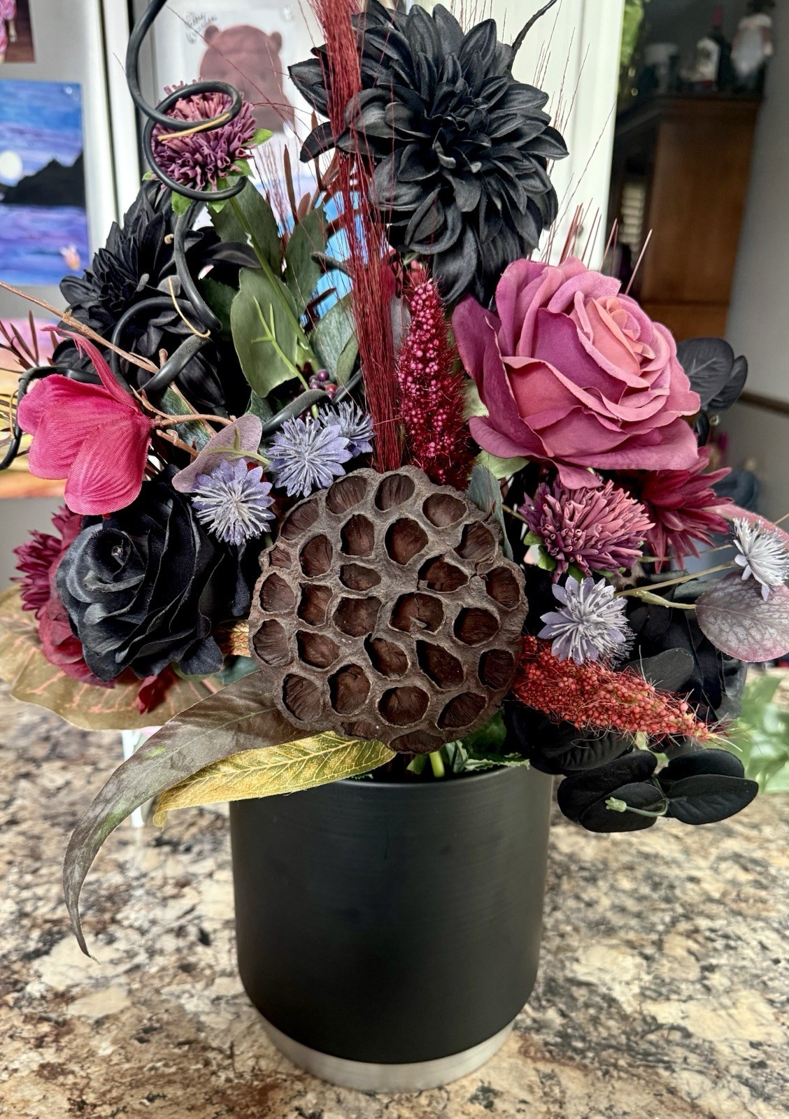 Pink Black Rose Centerpiece Floral Arrangement Art Decor Living Dining Beehive