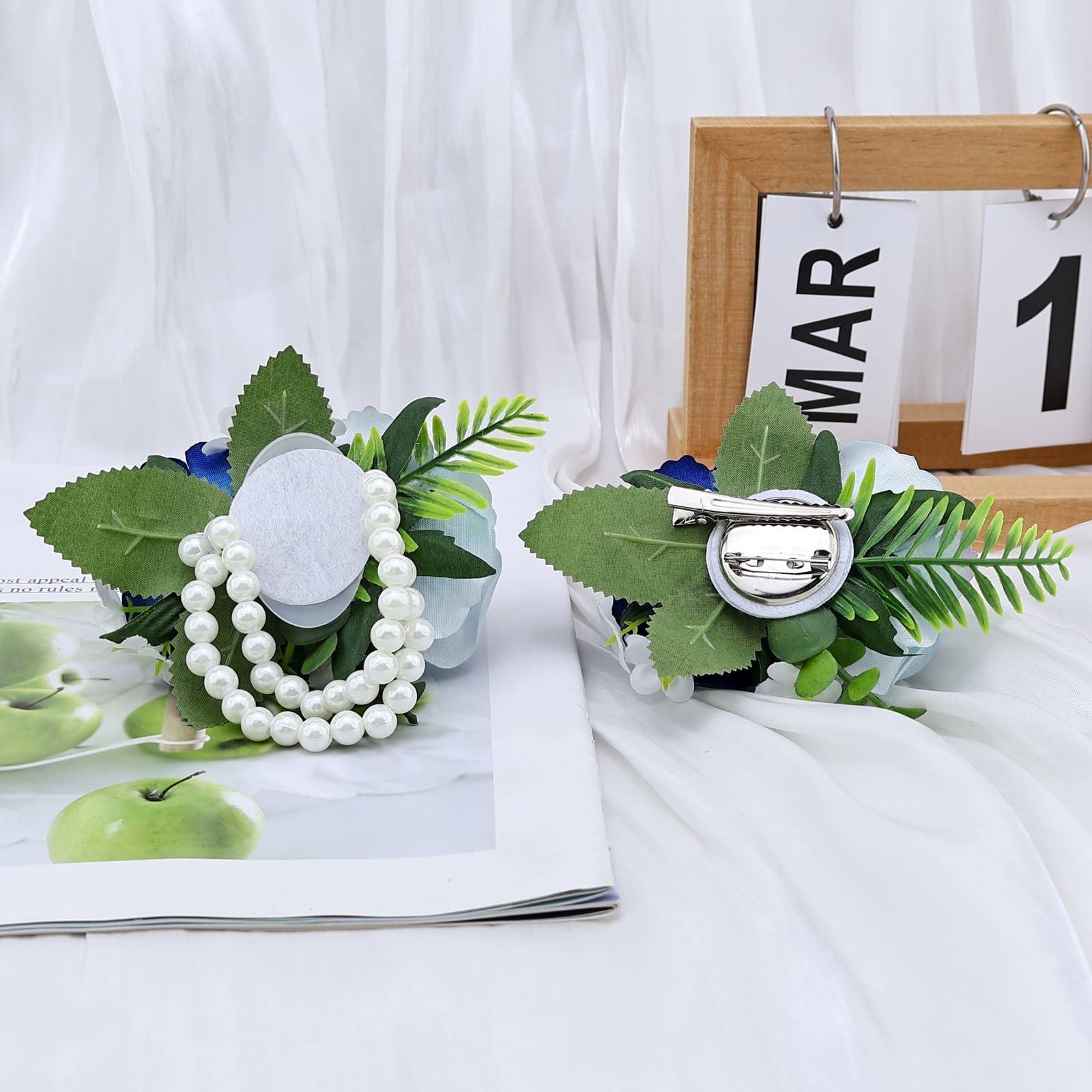 2Pcs Light Blue Blue Rose Wrist Corsage Wristlet Band and Boutonniere Set, f…