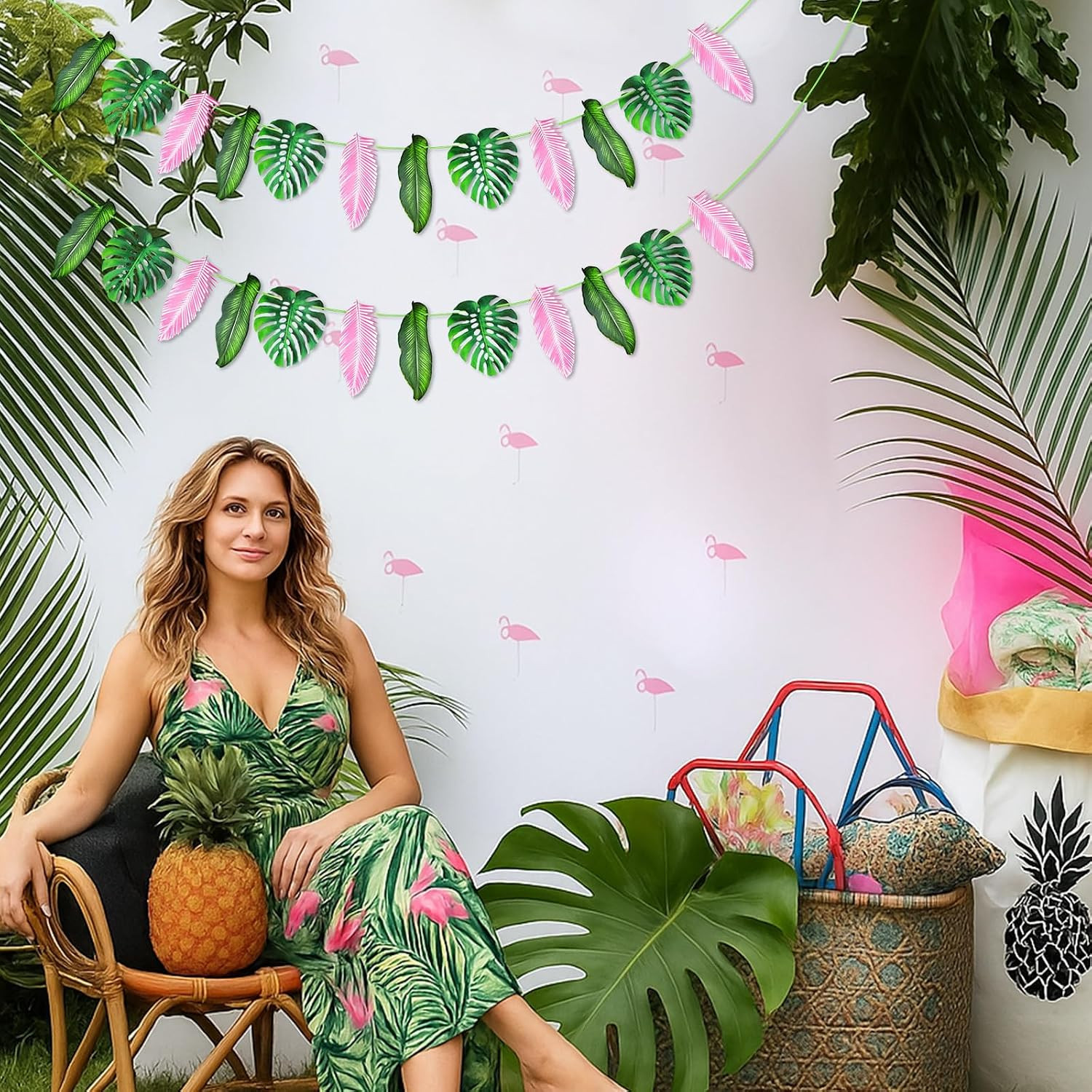 24 Pcs 8.5 Ft Artificial Tropical Palm Leaves Garland – Pink Green Monstera Leav