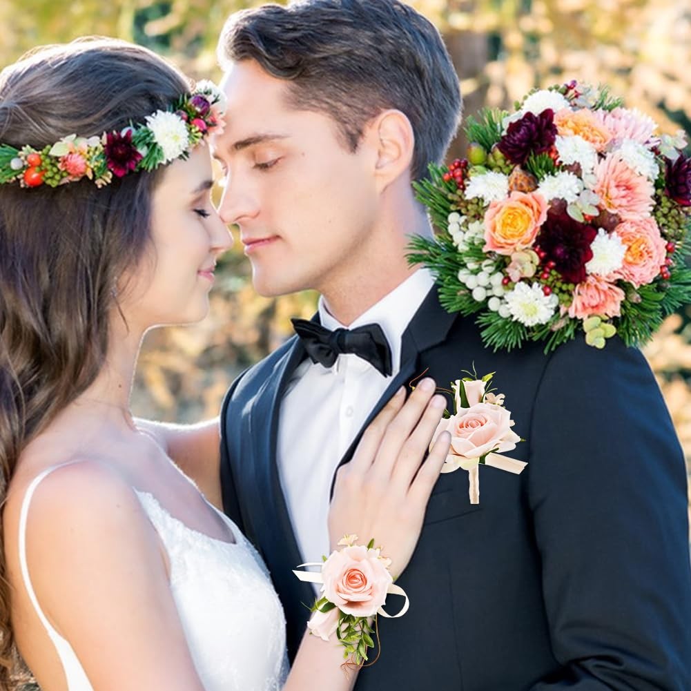 2Pcs Wrist Corsage and Boutonniere Set, Prom Wrist Corsage Artificial Flowers…