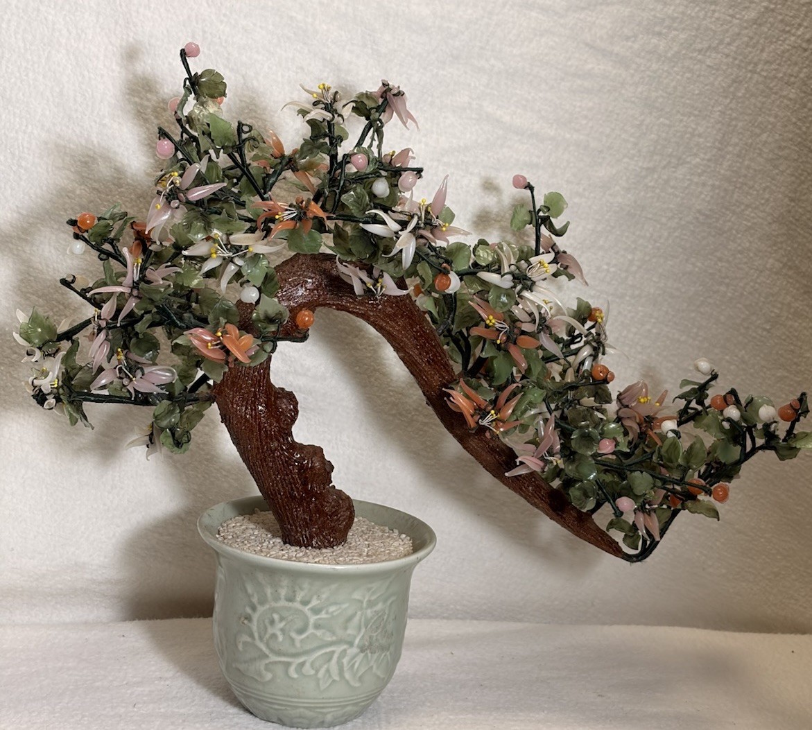 Large Vintage Jade Bonsai Flower Tree in Ceramic Pot Green Pink Faux Plant