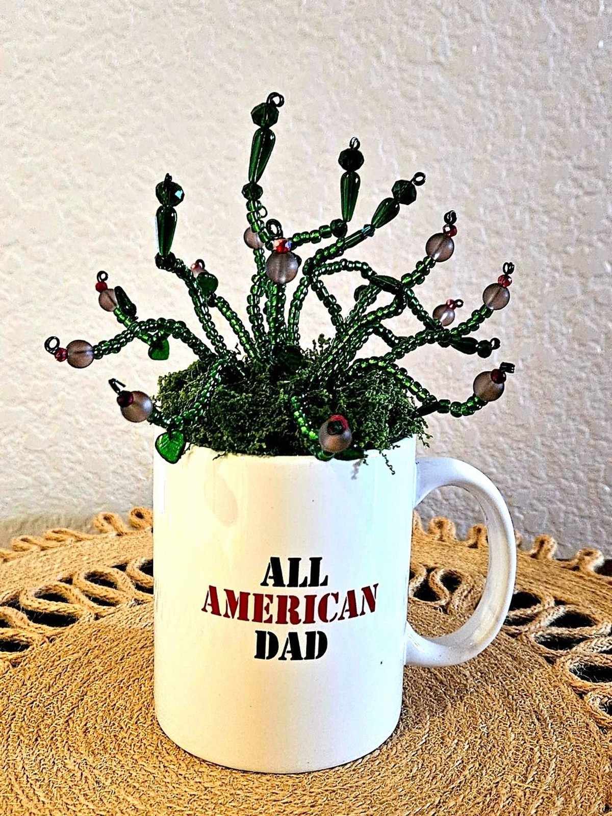 All American Dad White Ceramic Mug with Green Beaded Succulent