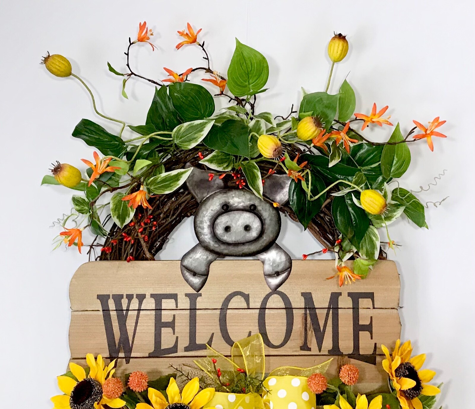 BRIGHT SUNFLOWER GRAPEVINE SUMMER WREATH METAL PIG WOOD WELCOME SIGN DECOR NEW