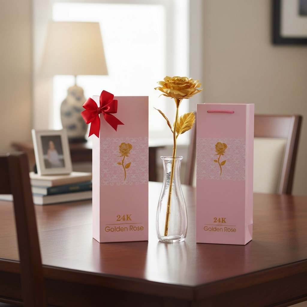 24k Gold Rose with Luxury Gift Box – 10″ Golden Rose Metal Single Rose