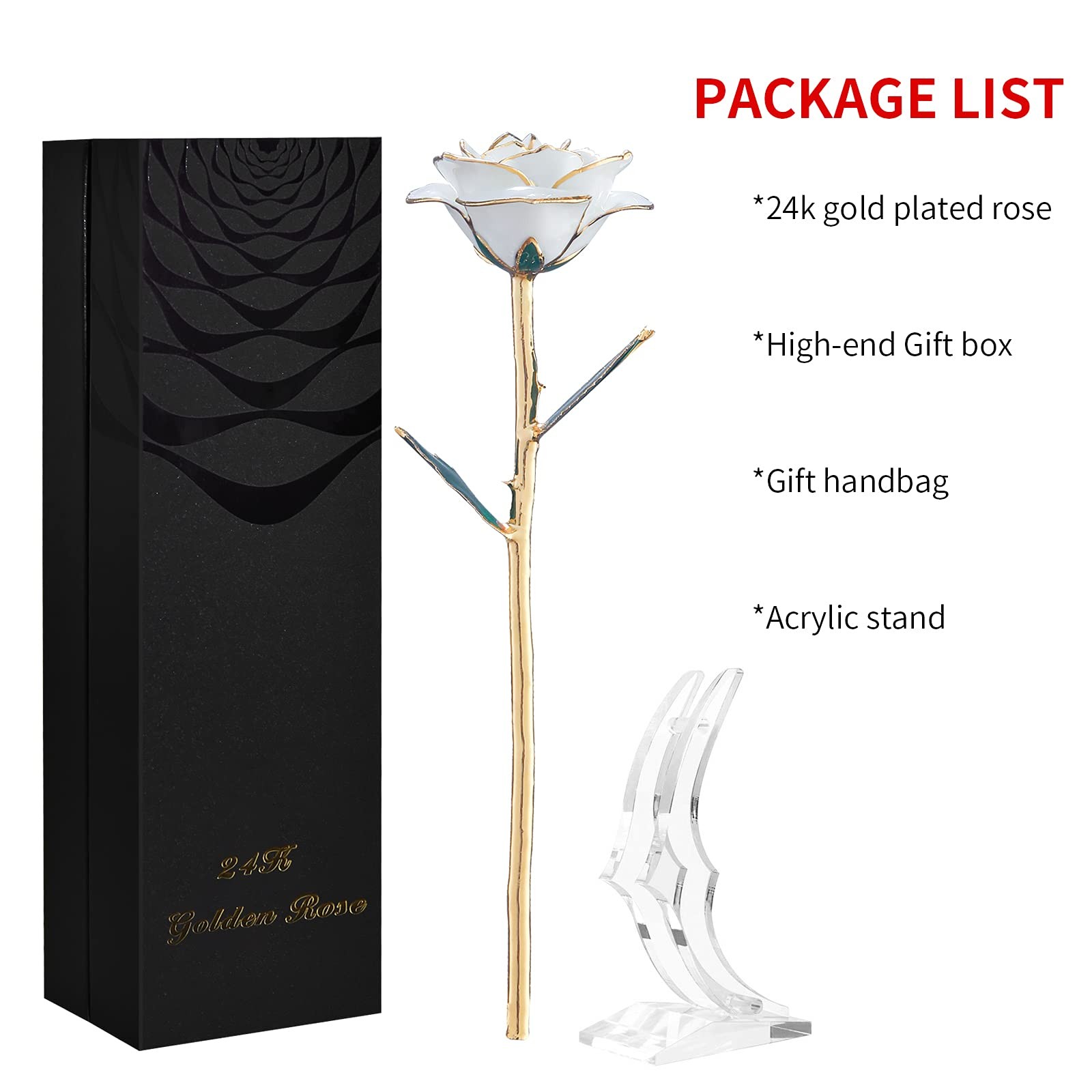 White Gold Rose Gifts for Women Wife,24k Gold Dipped Real Rose Lasted Forever…