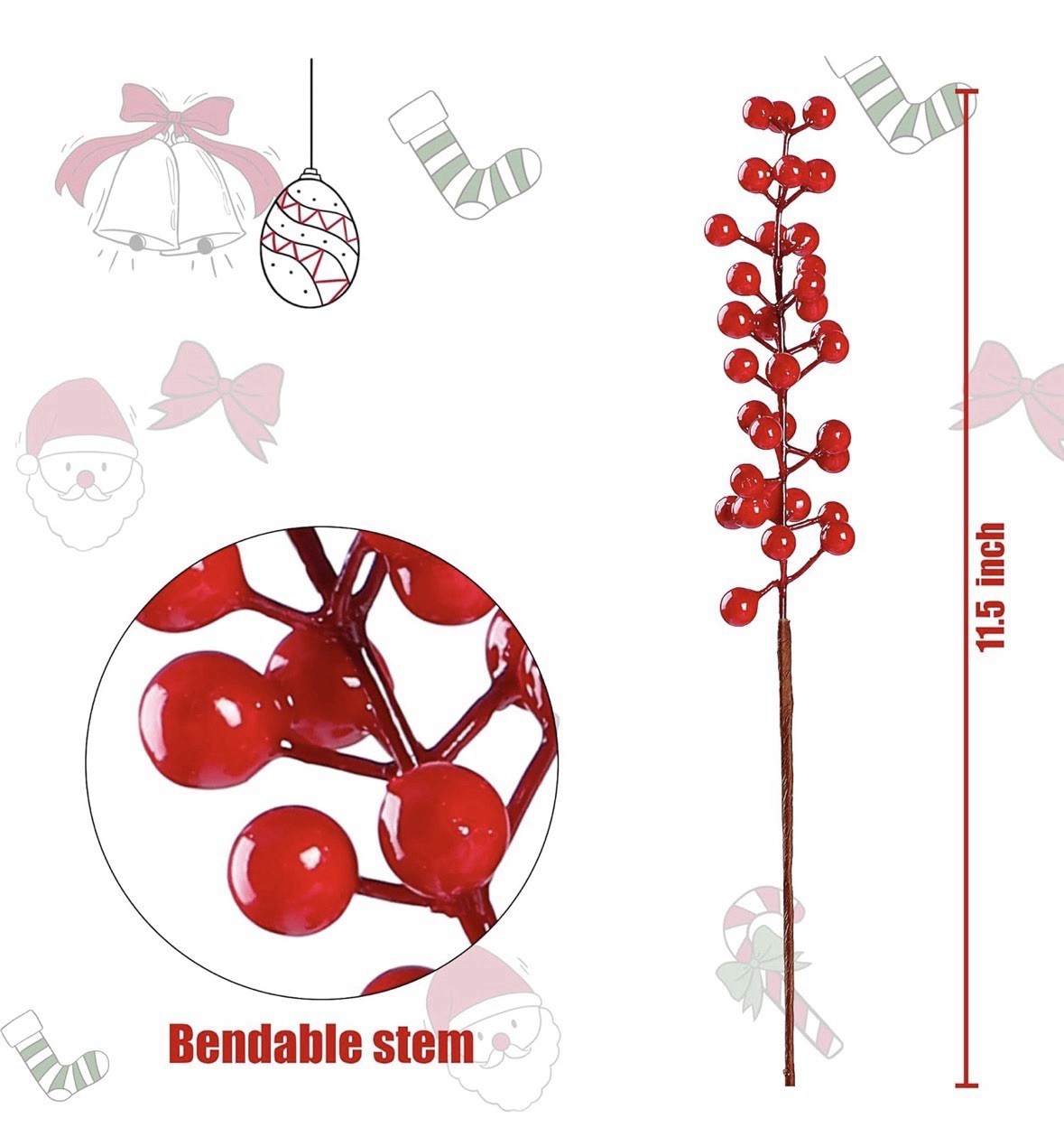 Sggvecsy 15 Pack Artificial Red Berry Stems, Holly Berry Branches, 11.5 inches
