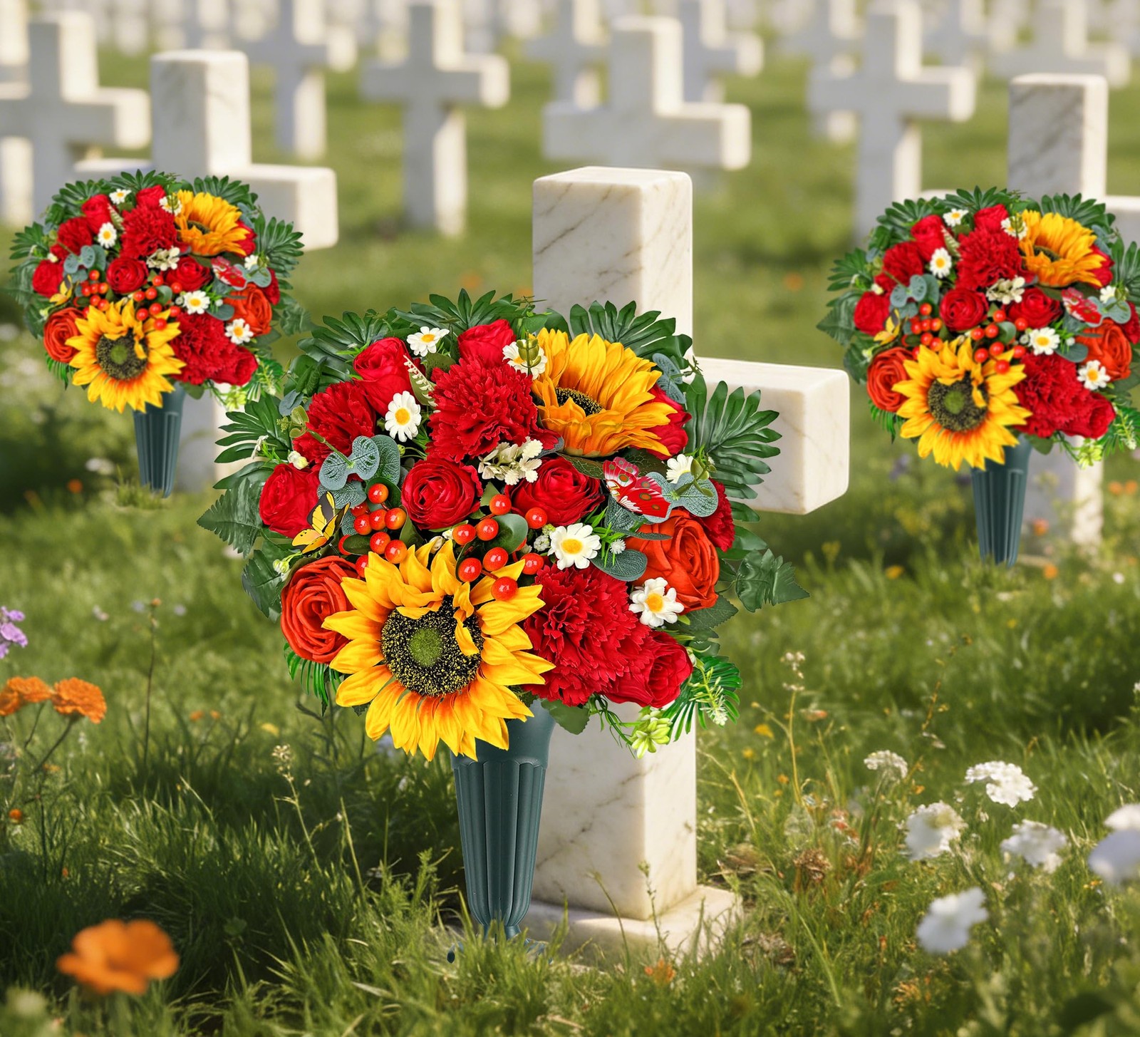 Artificial Cemetery Flowers for Grave Vase Gravesite Flowers,Headstone Decora…