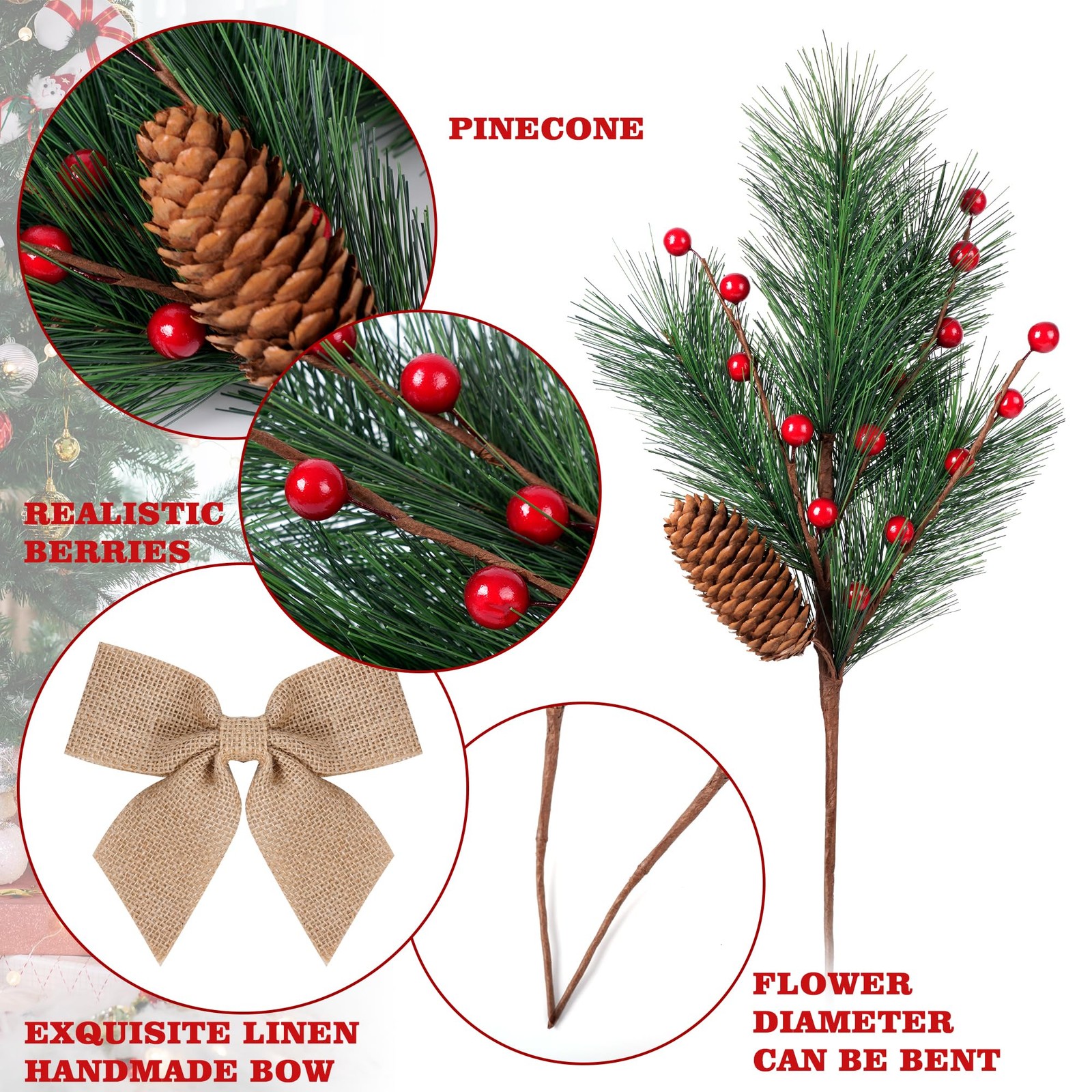 5 Pcs Artificial Christmas Berries Pine Picks Berry Pine Branches with Bow fo…