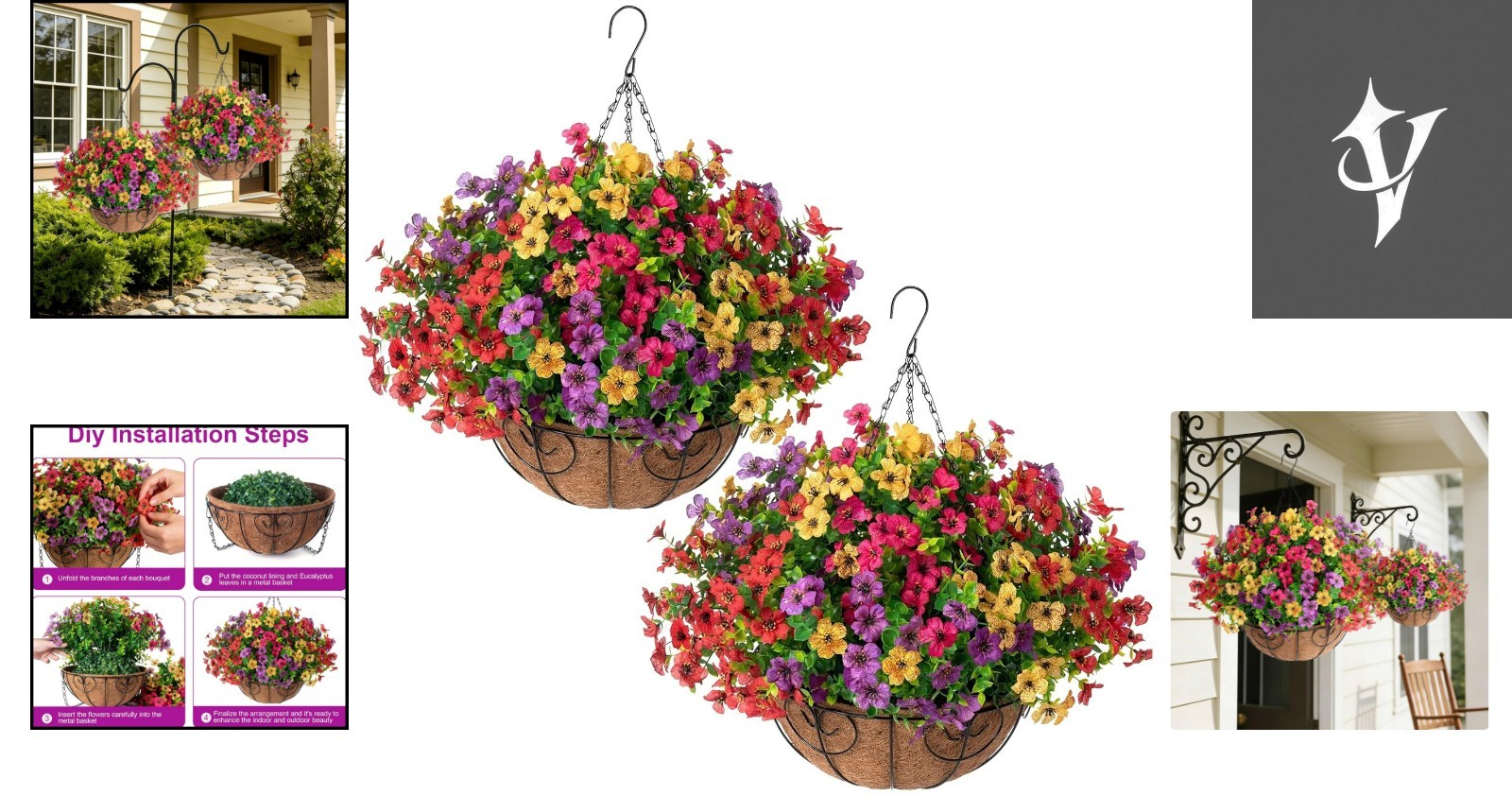 Two Stunning UV Resistant Artificial Flower Baskets for Vibrant Home Decoration