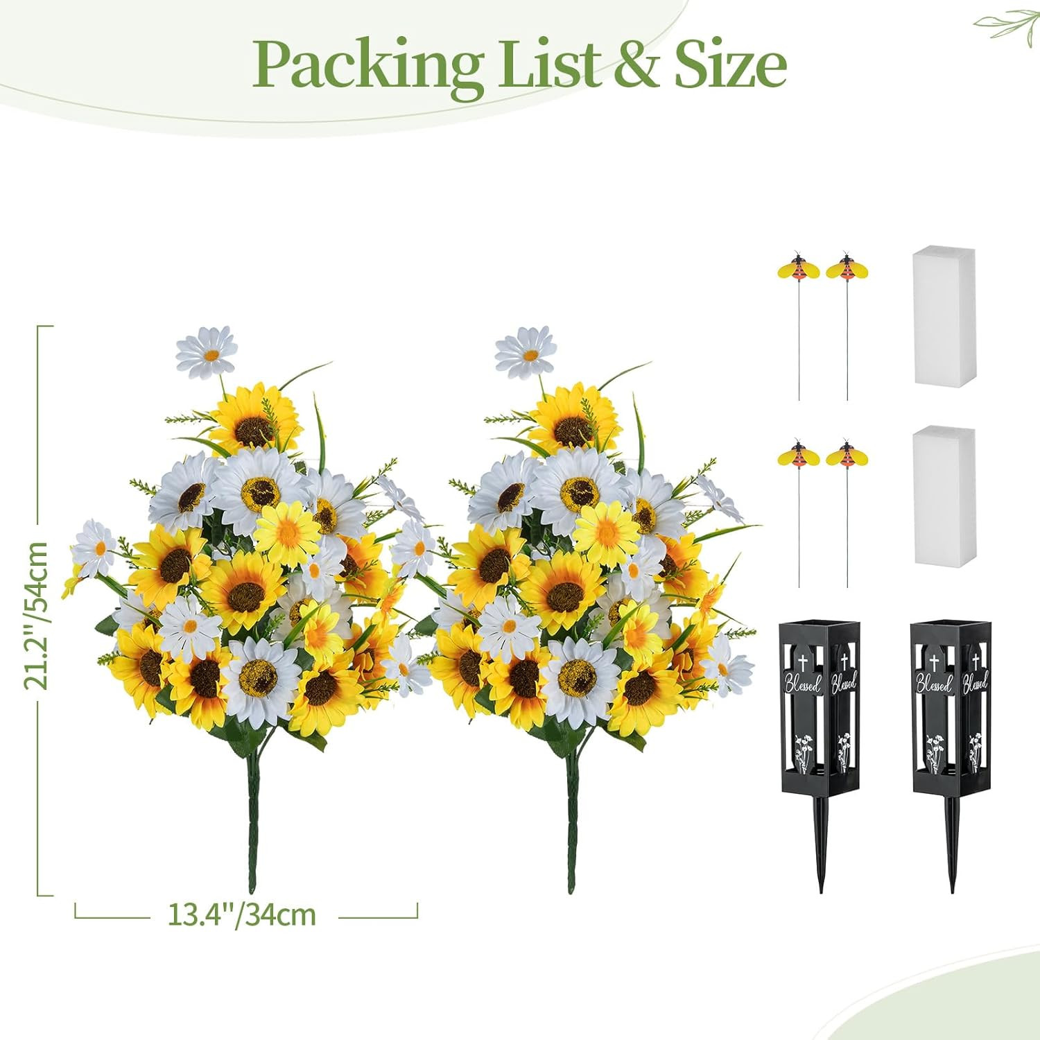 Artificial Cemetery Flowers for Grave: 2 Pcs Yellow White Sunflower Grave Flower