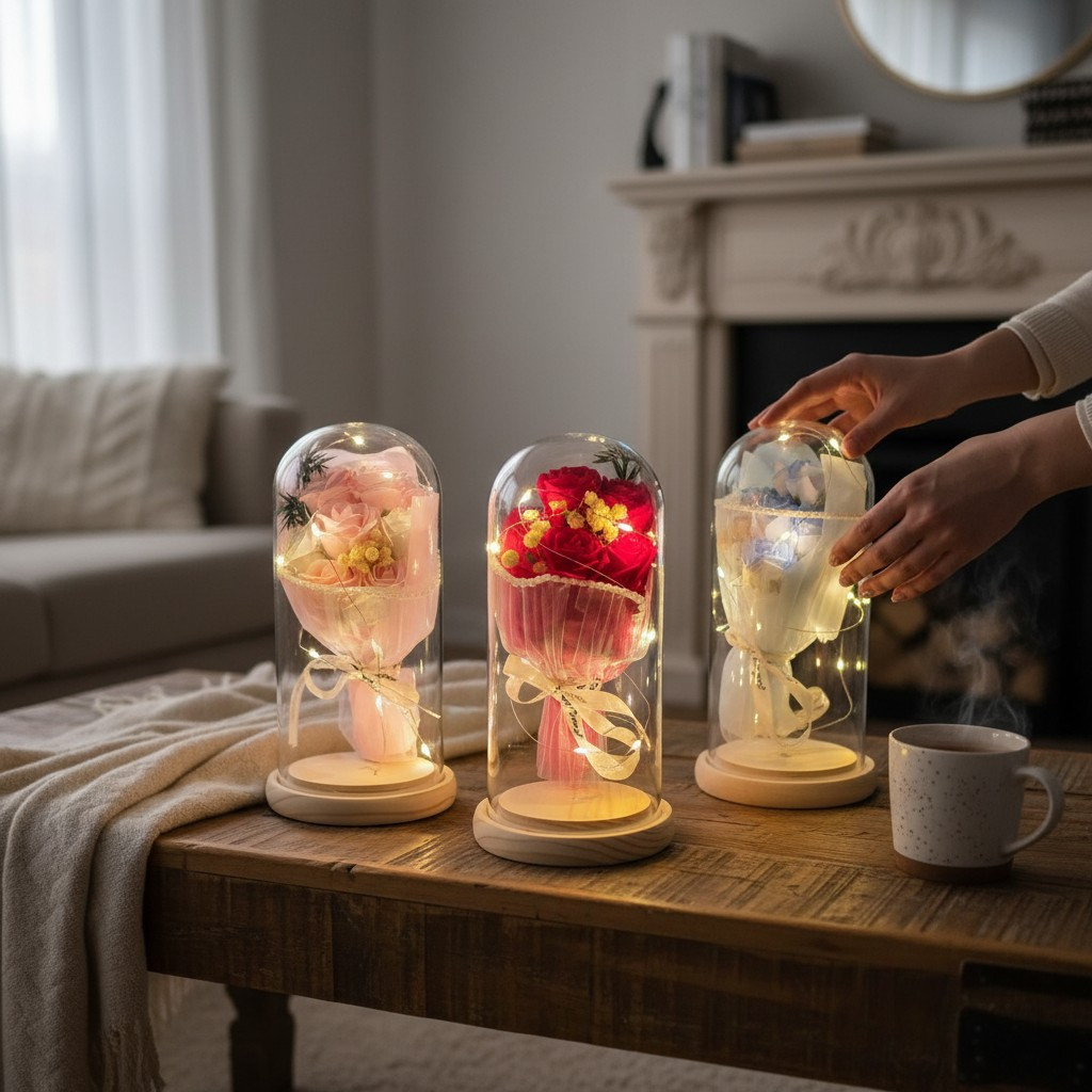 Eternal Rose Bouquet in Glass Dome with LED Lights – Red, Pink, or Blue – 8″