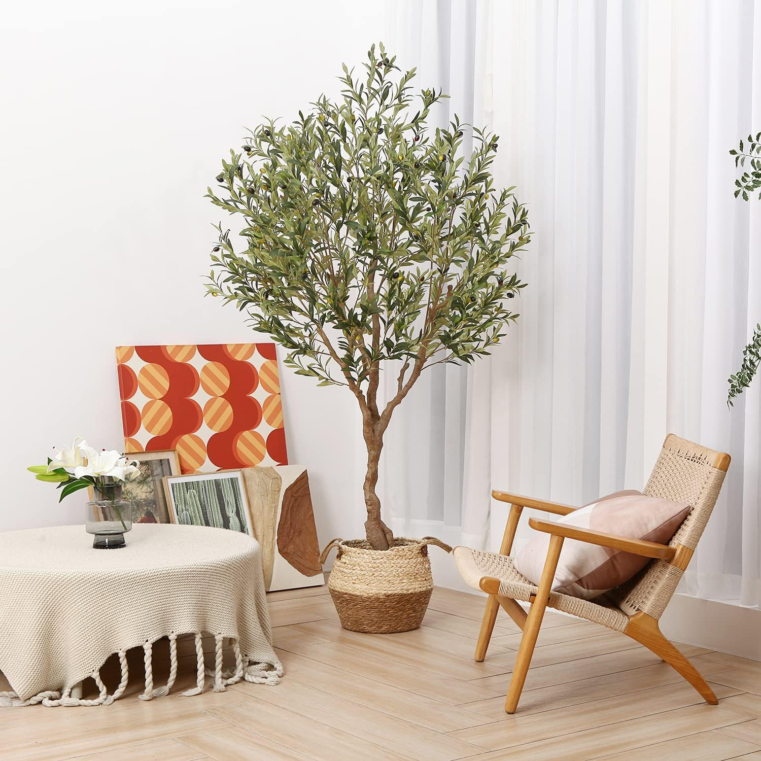 Olive Trees Artificial Indoor,7Ft Tall Fake Tree in Black Pot | Faux Olive Tree