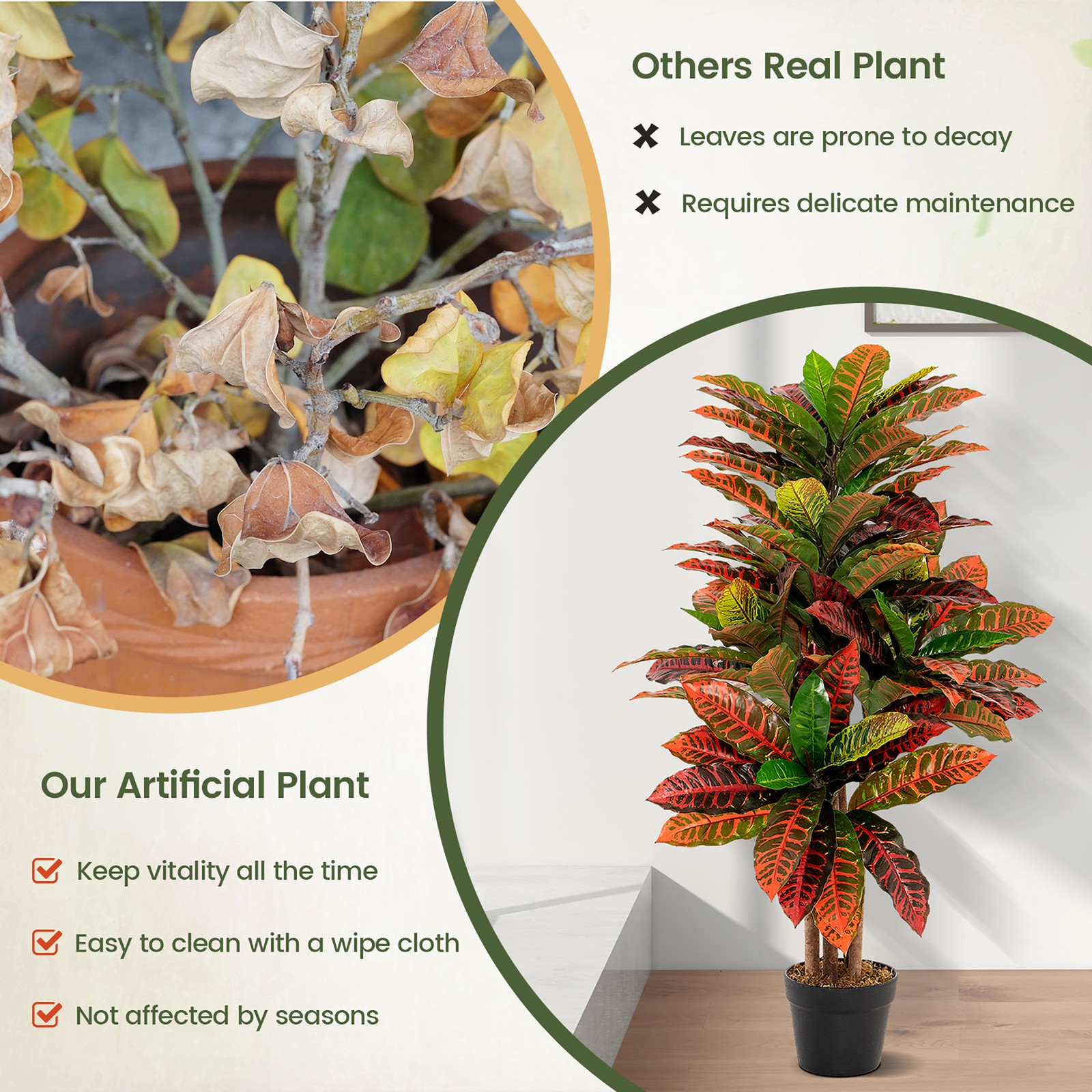 40” Tall Artificial Croton Plant w/ Colorful Variegated Leaves & Natural Wood