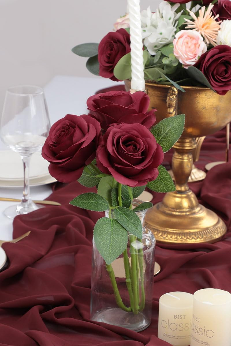50Pcs Roses Artificial Flowers Fake Flowers with Long Stems Burgundy Silk Flower