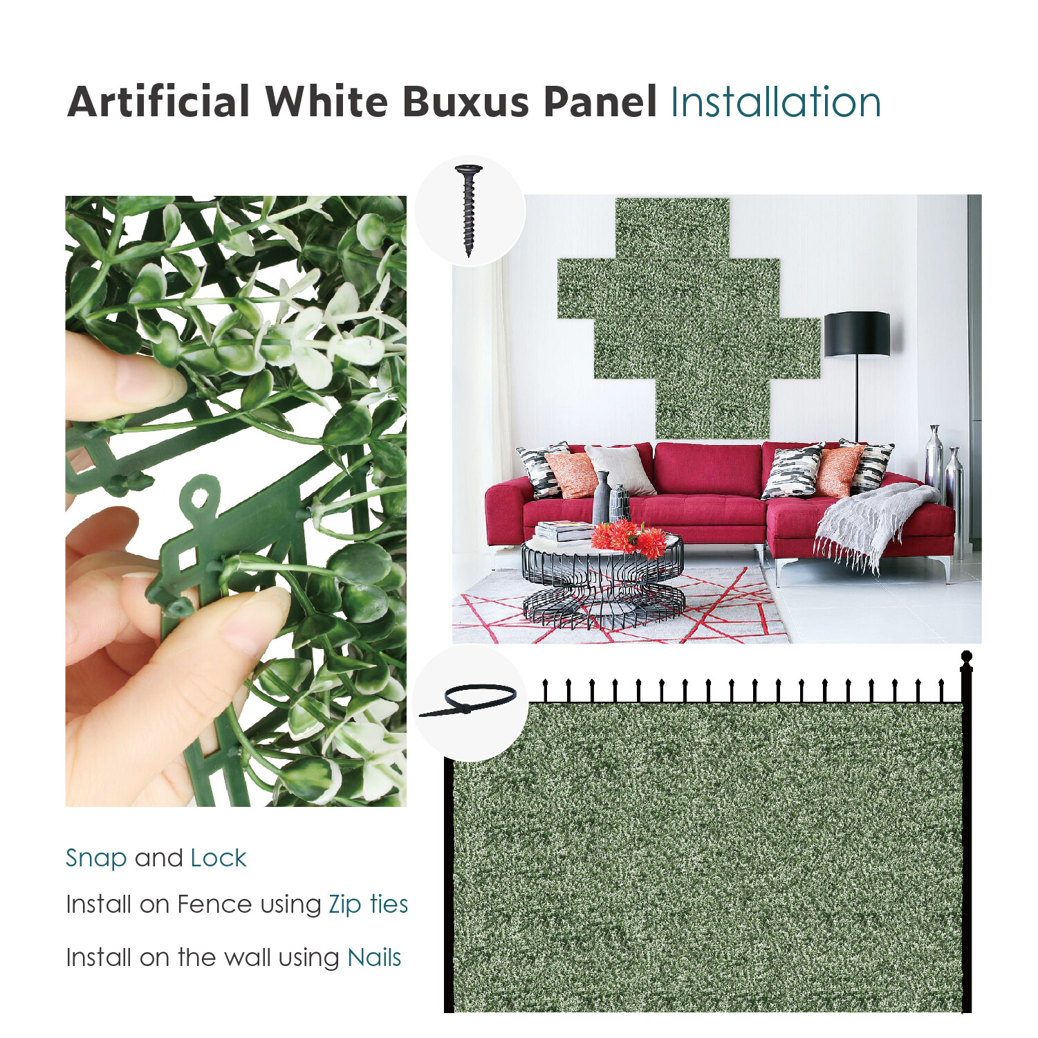 20 in Artificial White Buxus Mat Faux Fence Panel Wall Decor Ficus Grass Hedge