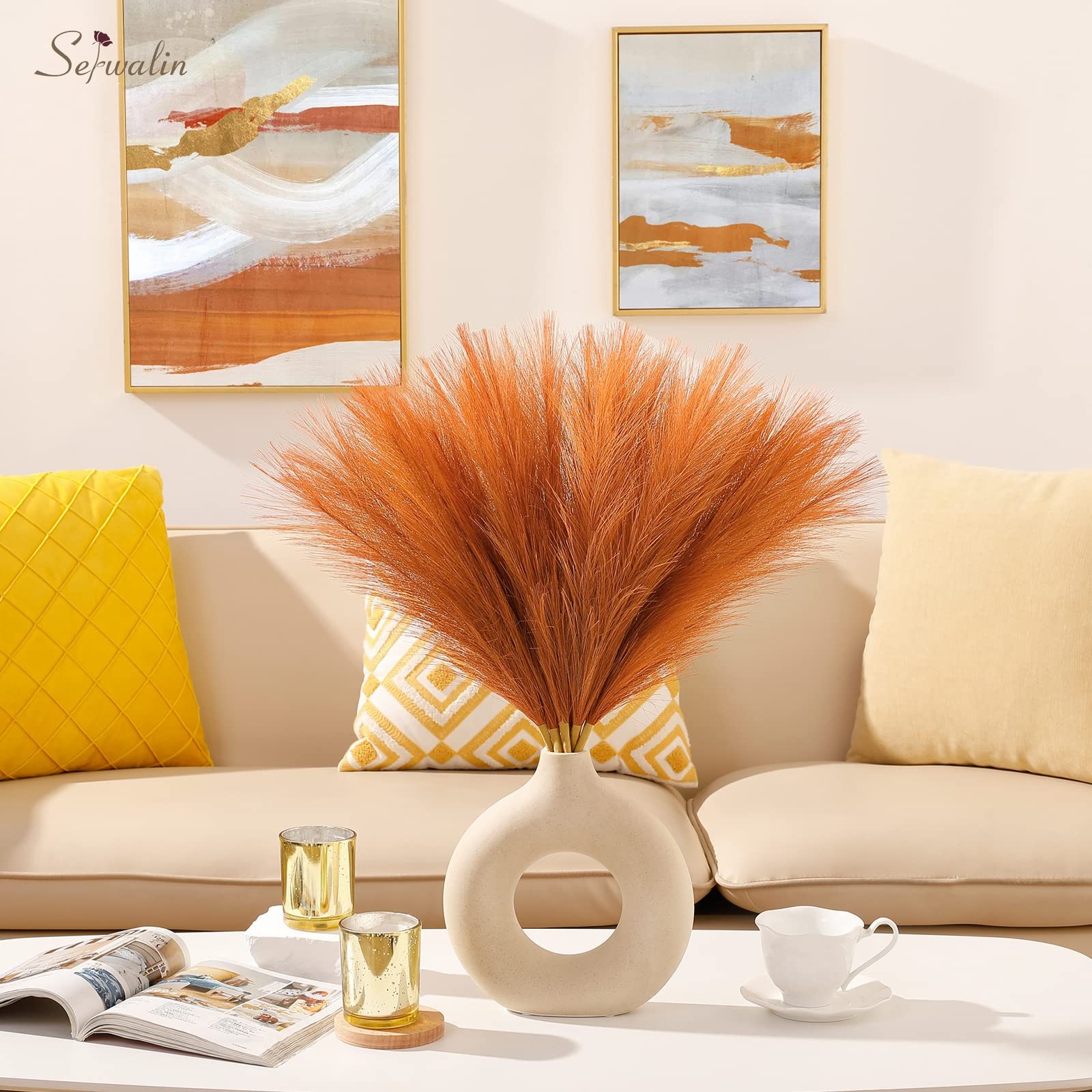 Pampas Grass Decor 17.7 Inch 6 Pcs Orange Pampas Grass, Faux Burnt Orange Pam…