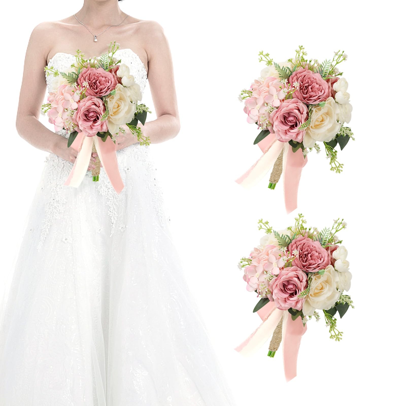 2 PCS Wedding Bridesmaid Bouquets 7 Inch Artificial Flowers Pink White Decor