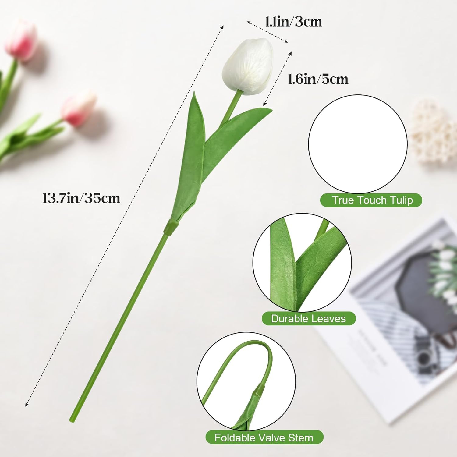 20 Pcs Fake Tulips Artificial Flowers Real Touch PU Faux Tulips Stems