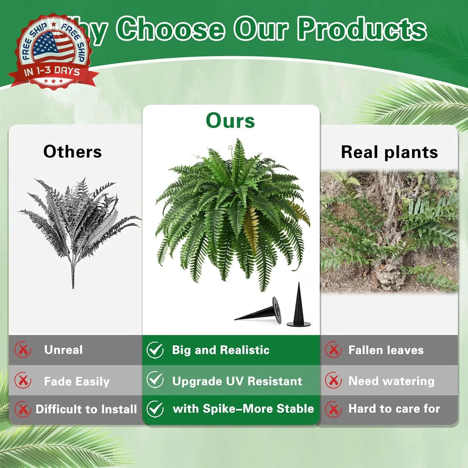 2PCS 45in Fake Ferns- Large Artificial Plants Outdoor, UV Resistant Artificial F