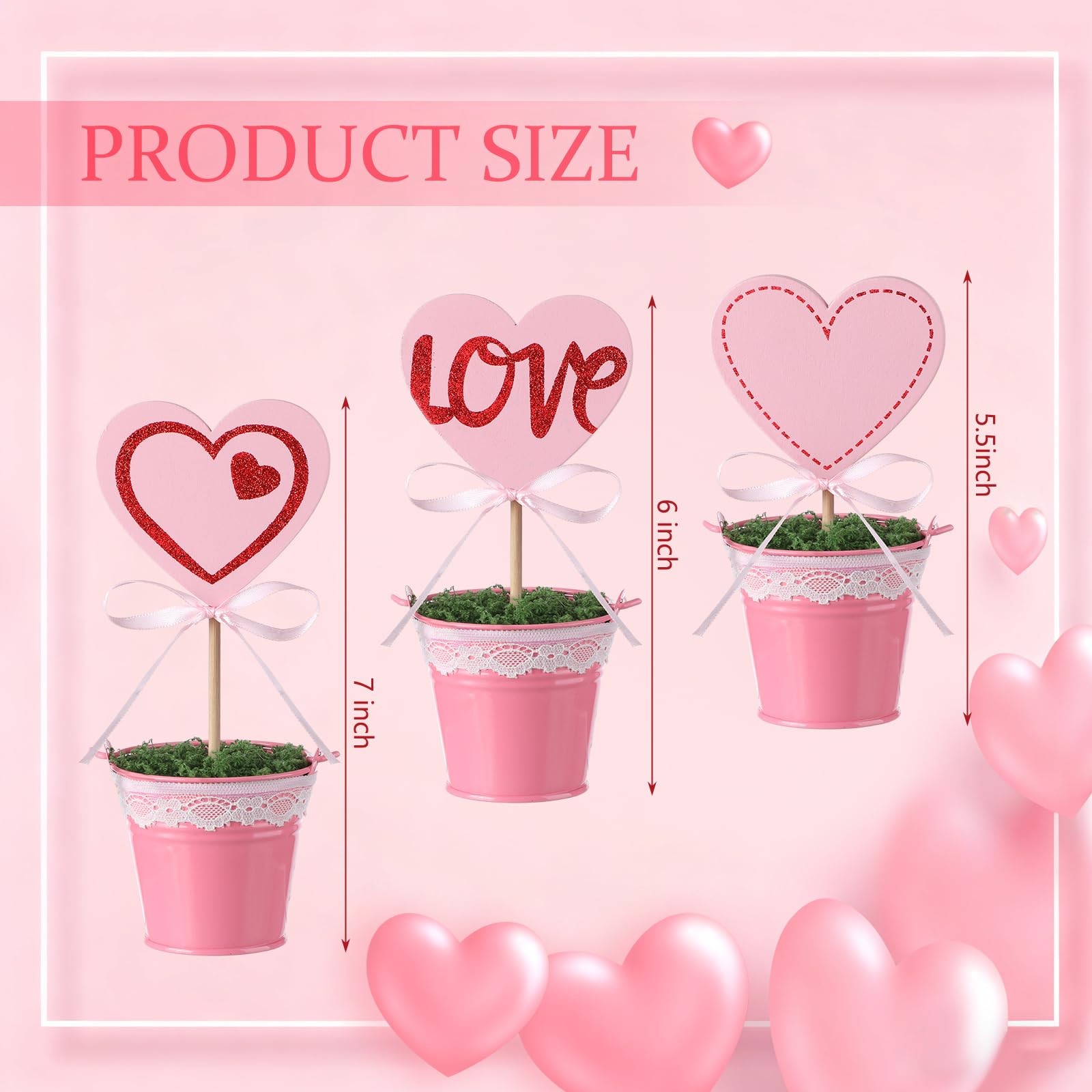 3 PCS Valentine Glitter Heart Topiary Tree Artificial Pink 5.57 Inch Pot