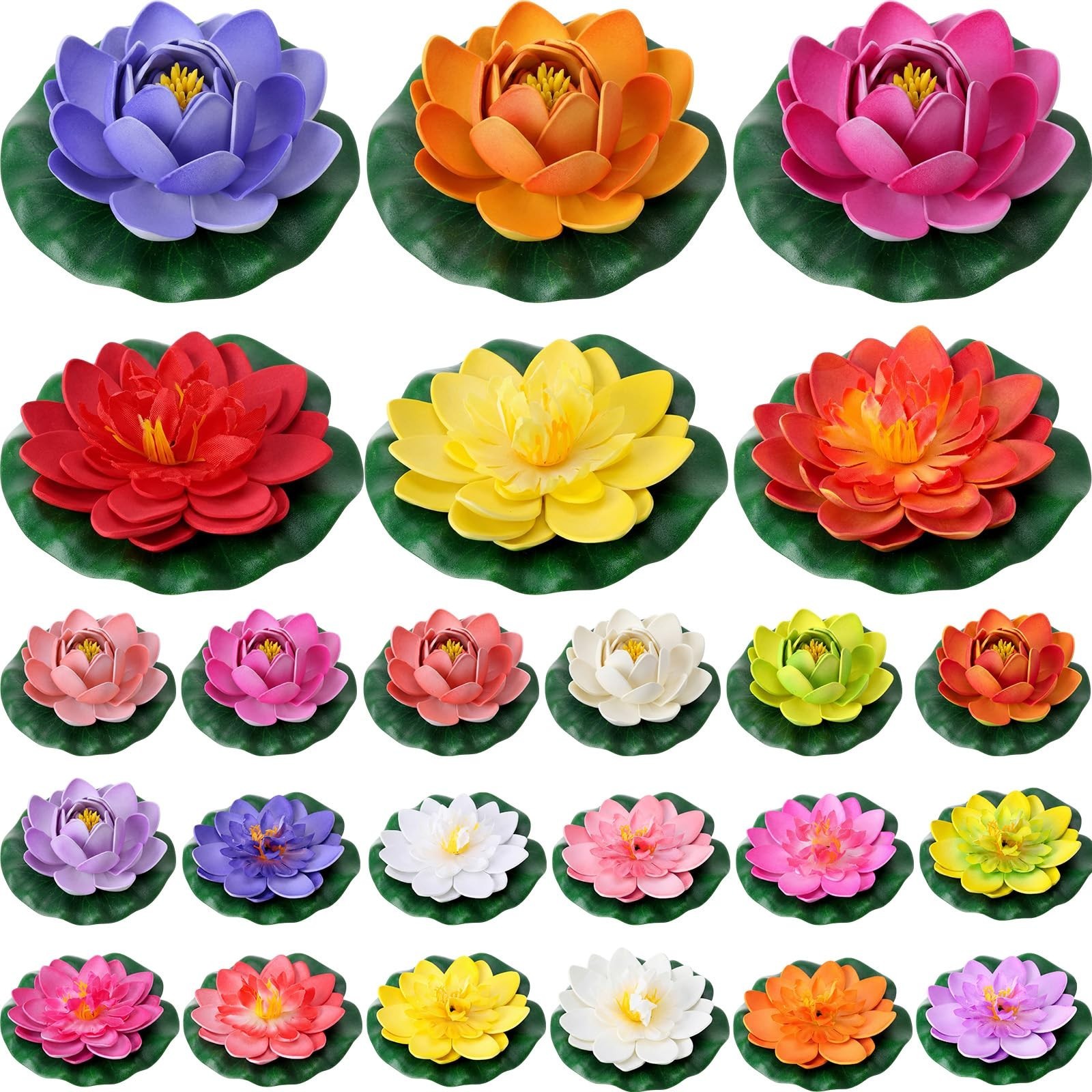 24 Pcs Floating Foam Lotus Flowers & Lily Pads – 14 Colors, Pond Decor, Garden O