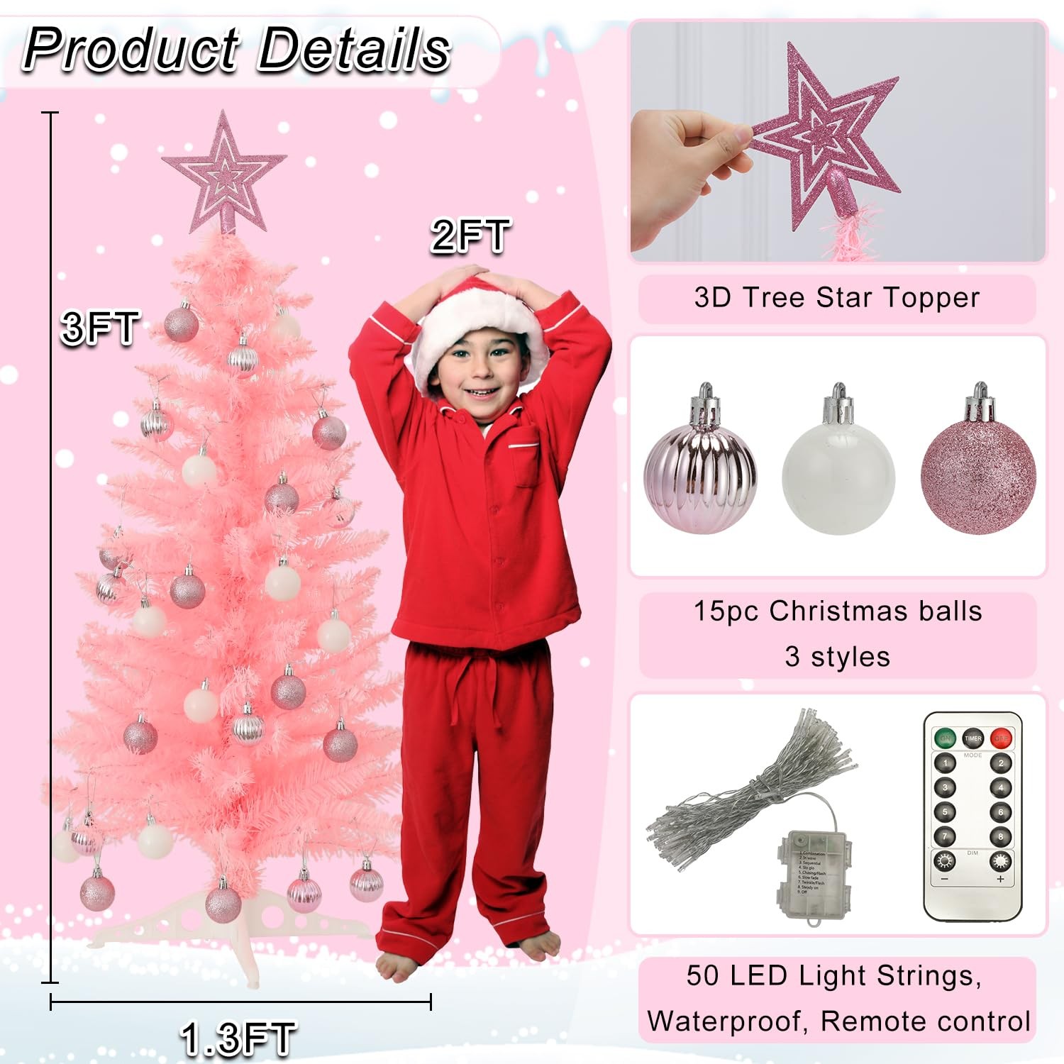 3 FT Pink Artificial Christmas Tree 50 Warm Lights 8 Modes Remote Star Top