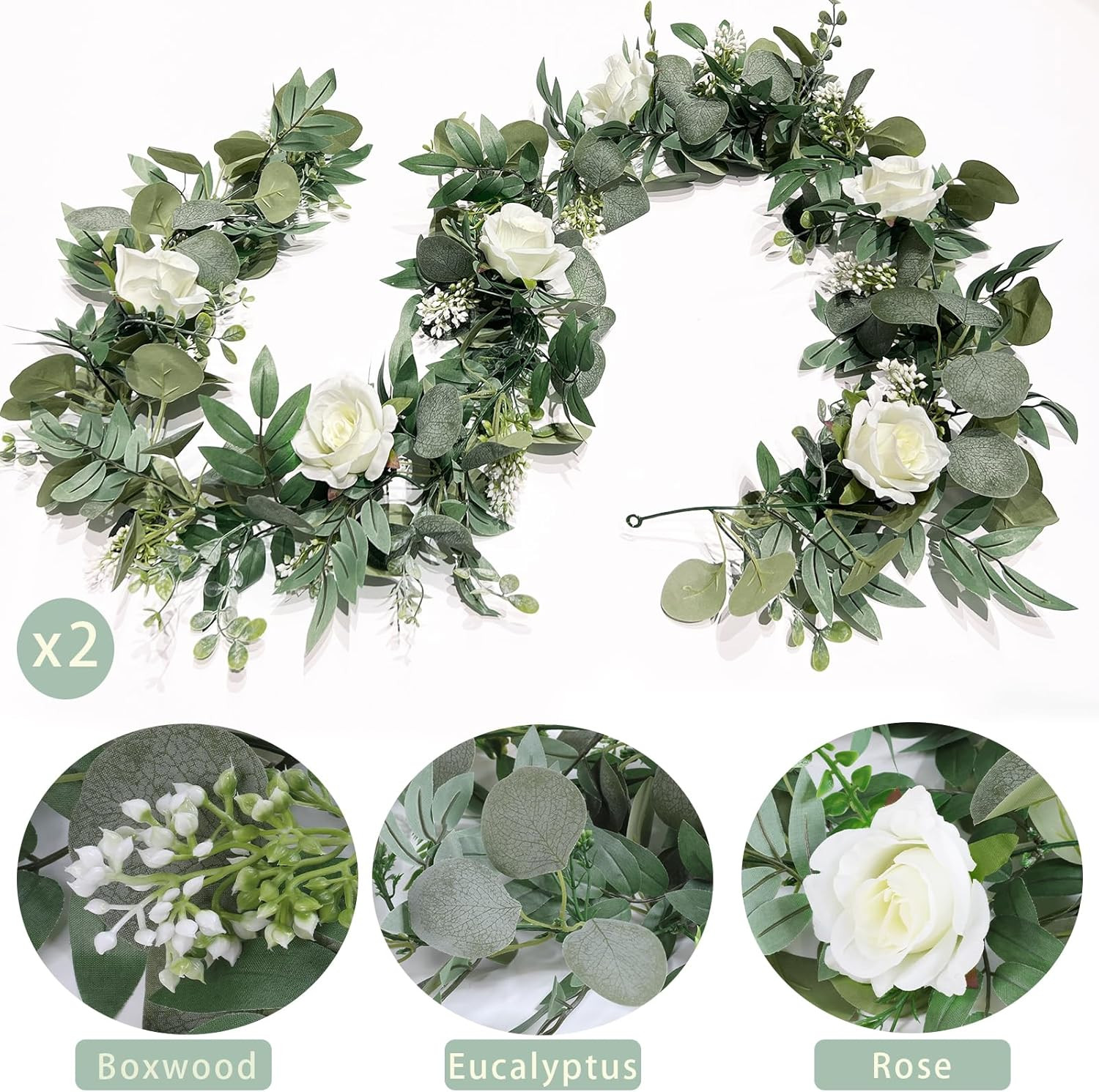 2 Pack 13Ft Artificial Spring Eucalyptus Flower Garland with White Roses, Fake F
