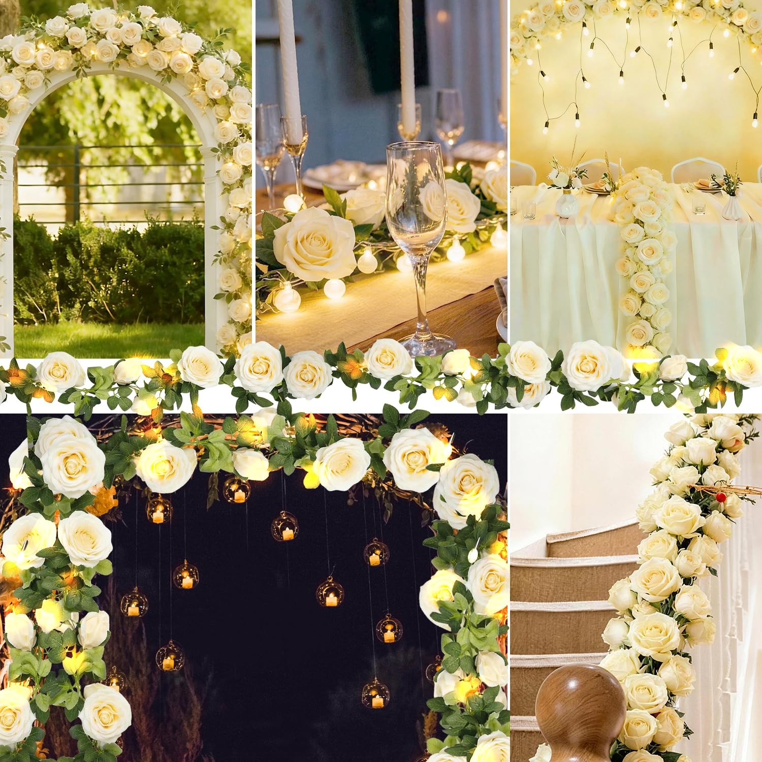 Flower Garland with Lights, 2 Packs 7FT White Floral Rose Flower Eucalyptus G…