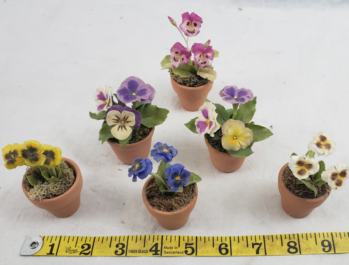 SET OF 6 GLOXINIA ARTIFICIAL FLOWERS IN PLANT POTS MINIATURES