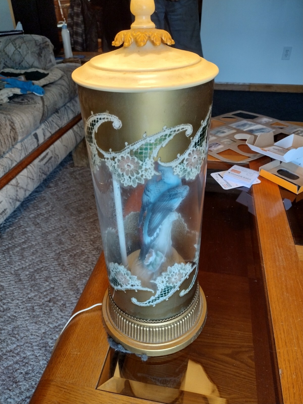 Vintage Antique Glass Lamp Decorated Floral and Bird inside 36″ tall SEE SEE
