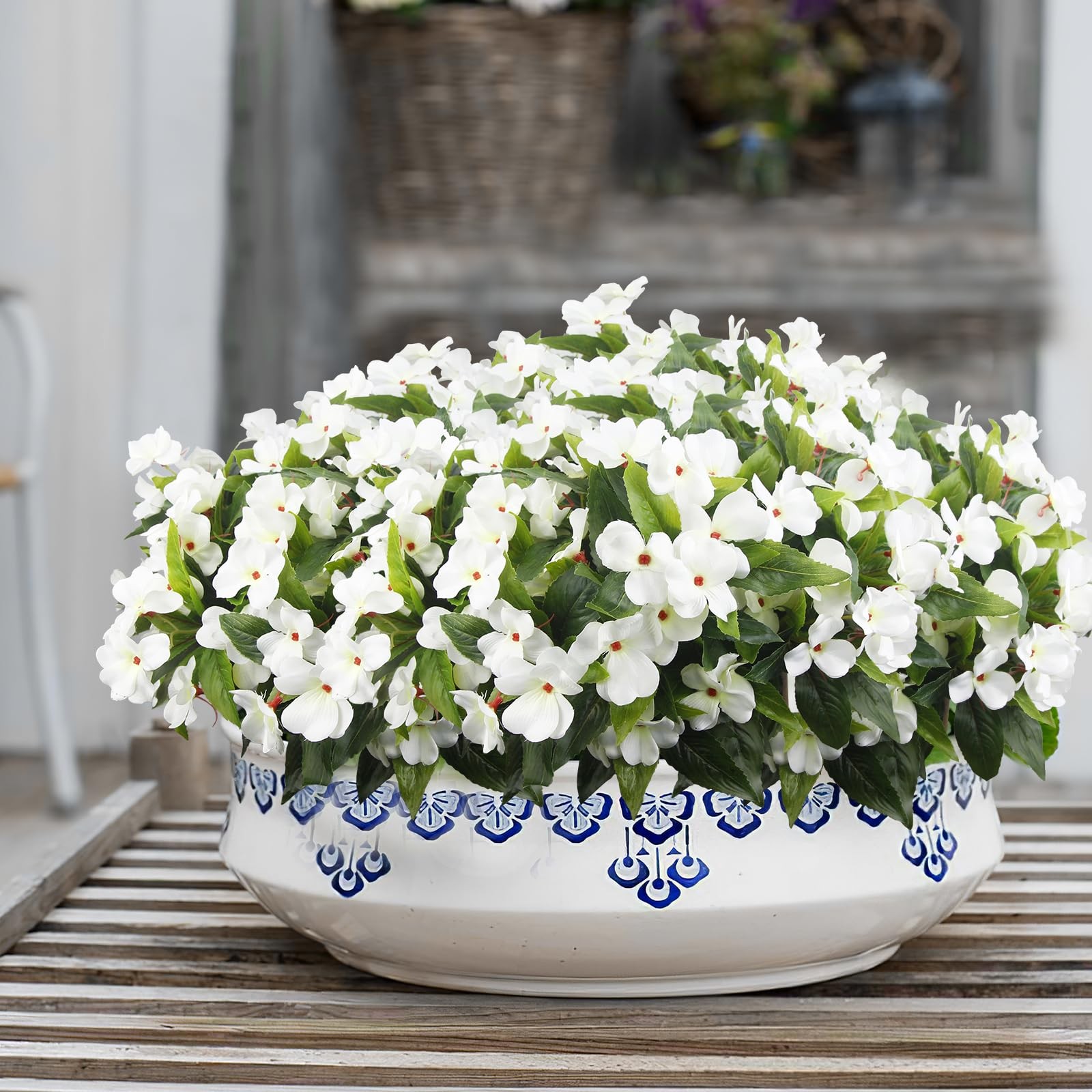 8 Pcs Artificial Impatiens Flowers for Outdoors Faux Impatiens Bushes White S…