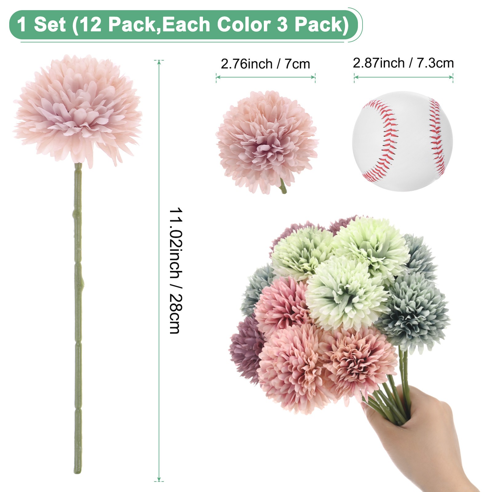 12-Pack Artificial Chrysanthemum Ball Flowers Pink,Green,Blue,Purple