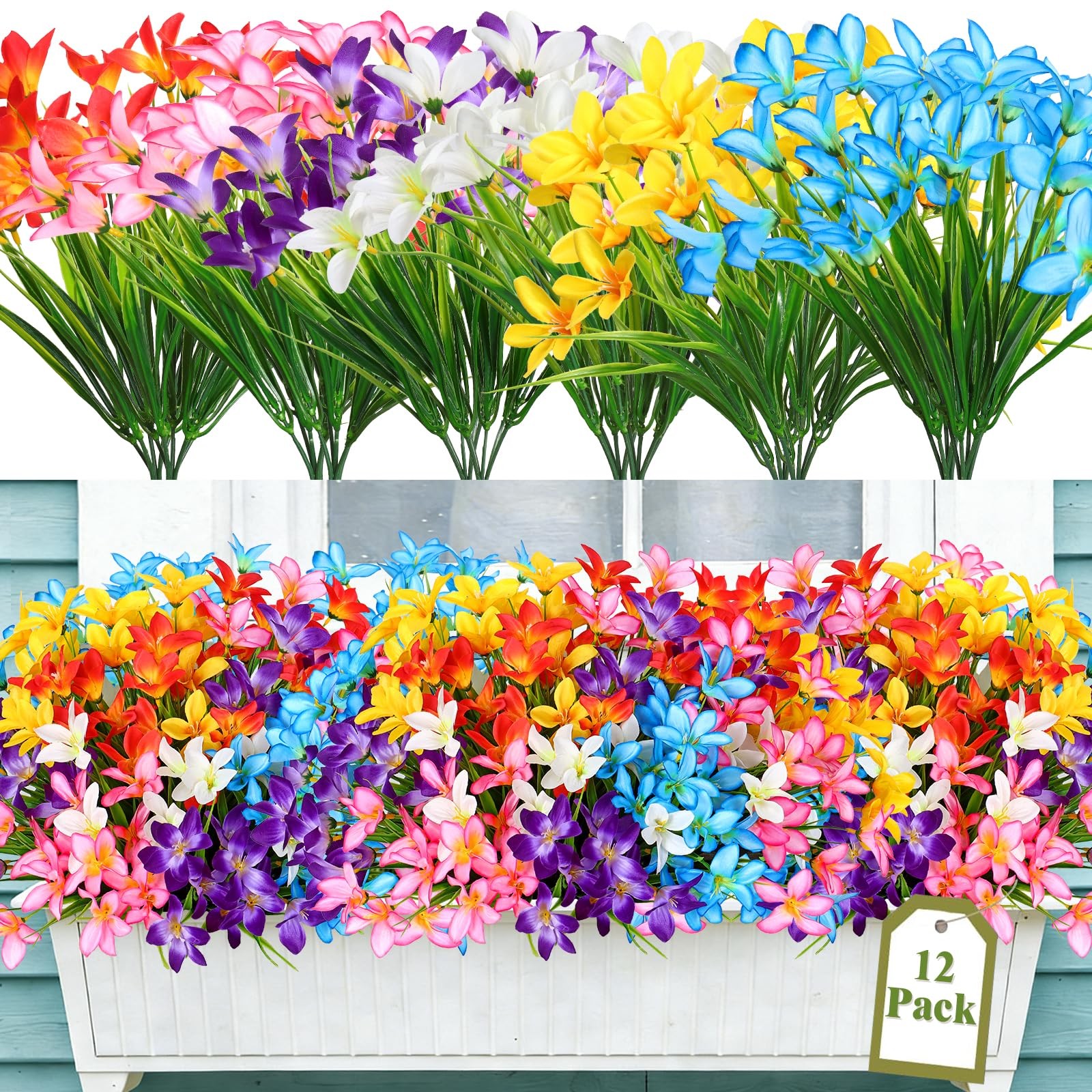 12 Bundles Artificial Flowers for Outdoor Indoor Colorful Plastic Silk Faux F…