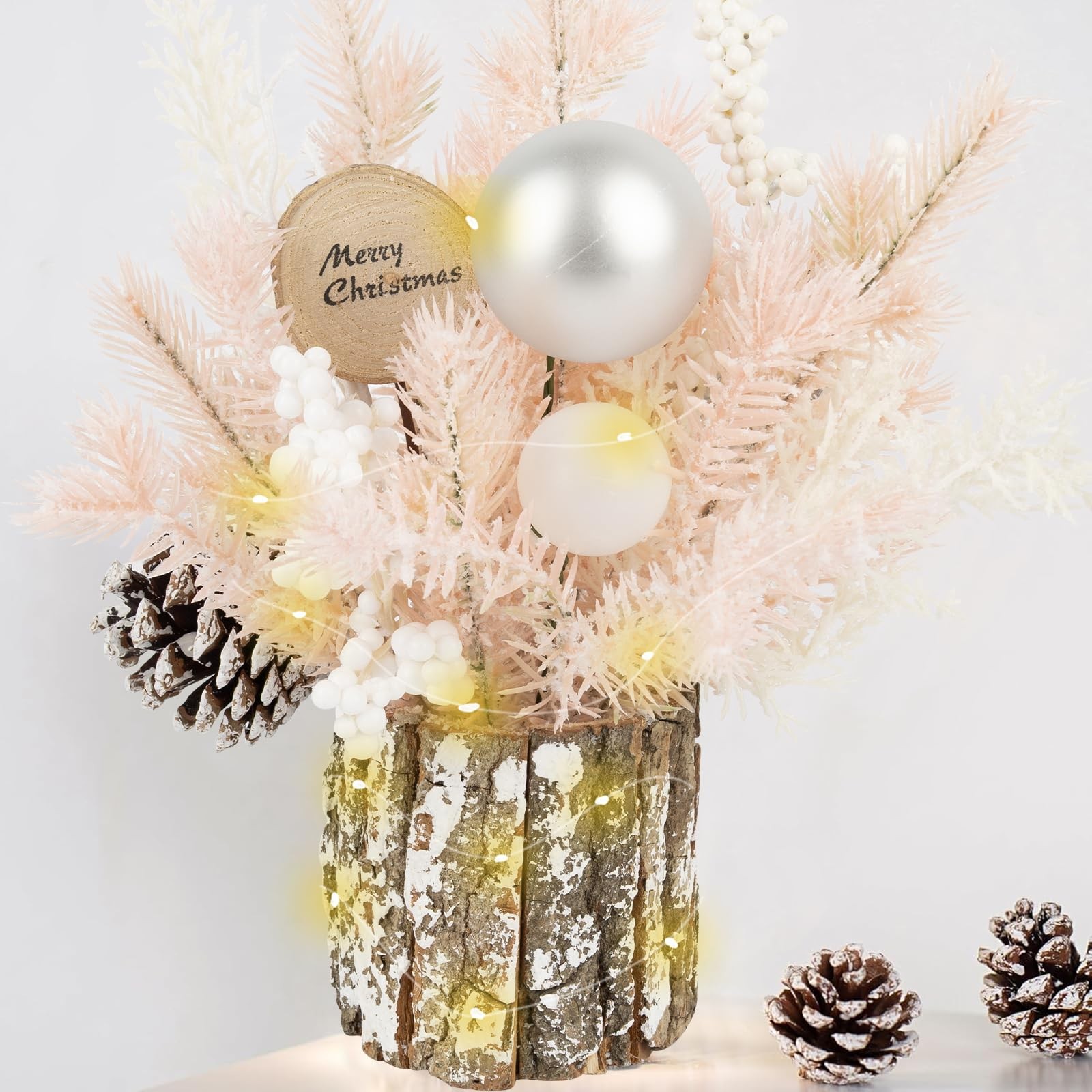 Pink 12 Inch Small Table Top Christmas Tree Lights Pine Cones Berries Decor