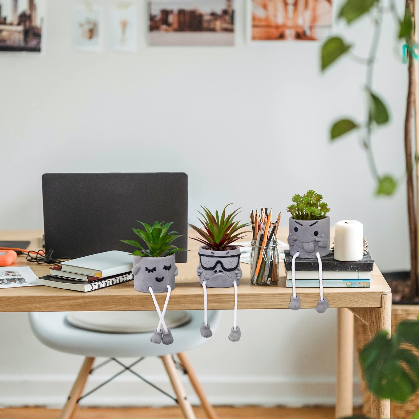 3-Set Artificial Succulents, Potted, Grey Pots, Fake Mini Plants, Desk Decor