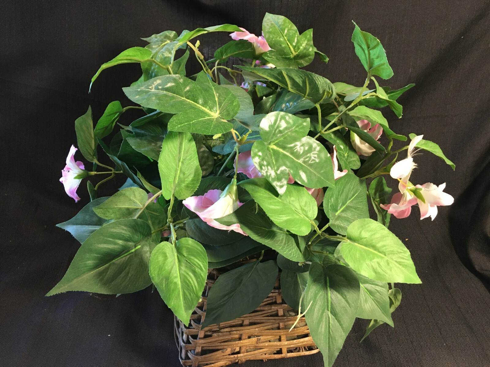Faux Silk Pink Petunia Greenery In Brown Wicker Basket
