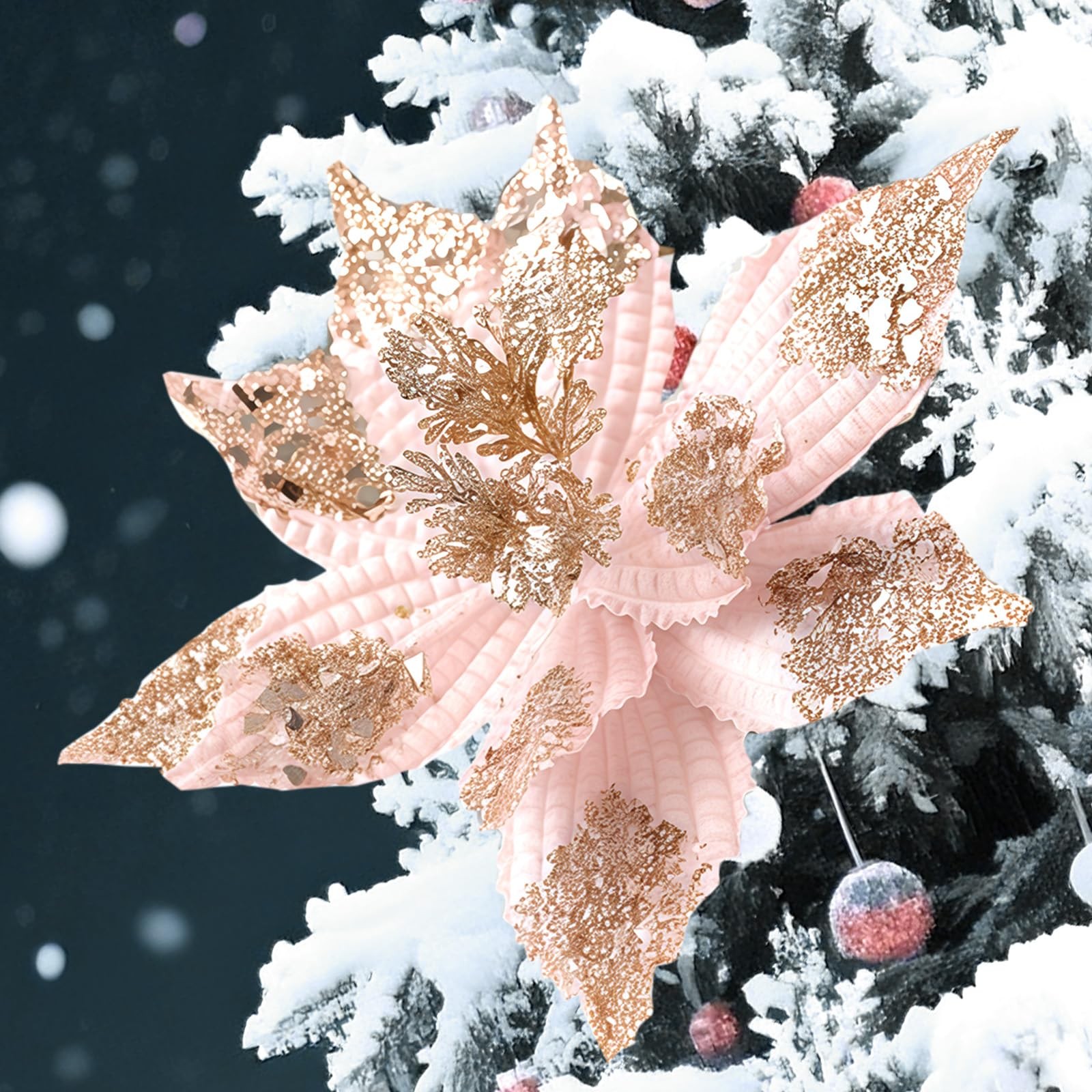 8 PCS Large Glitter Christmas Flowers Poinsettia Artificial 11 Inch Pink