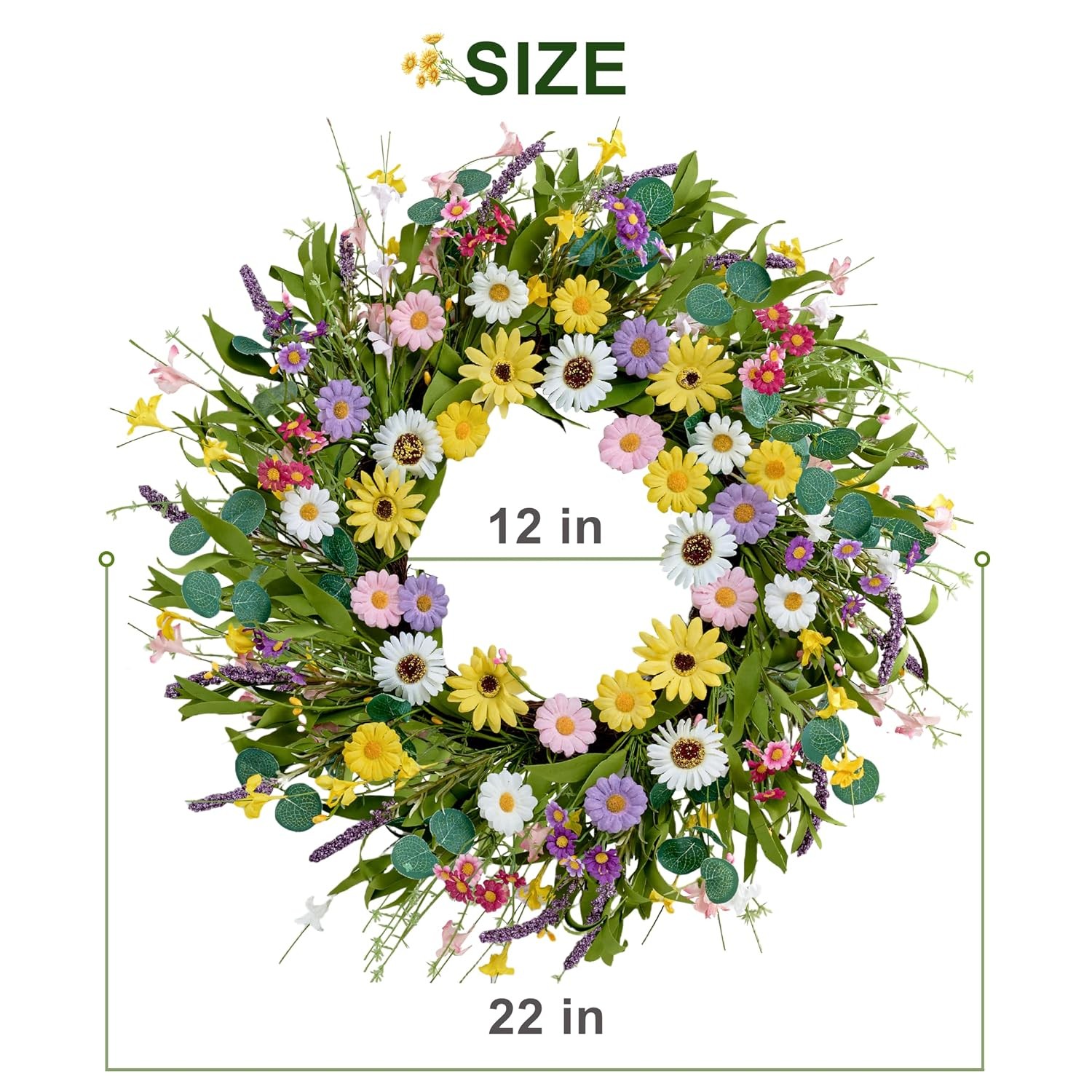 Multicolor Artificial Spring Summer Wreath 22 Inch Yellow Daisy Flowers Greenery