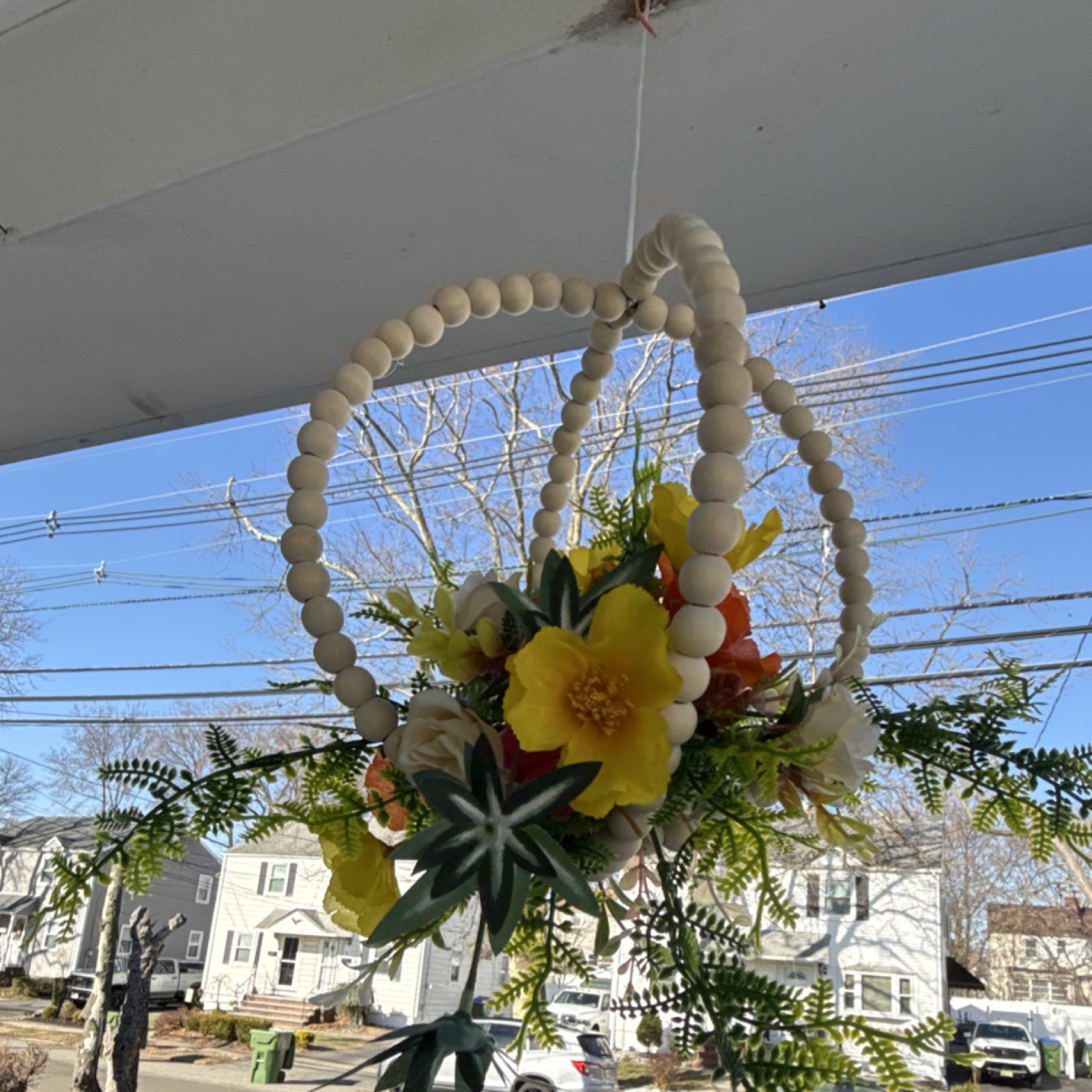 Artificial Hanging Basket Floral Arrangement with Wooden Bead Hoop, Rose, Fern