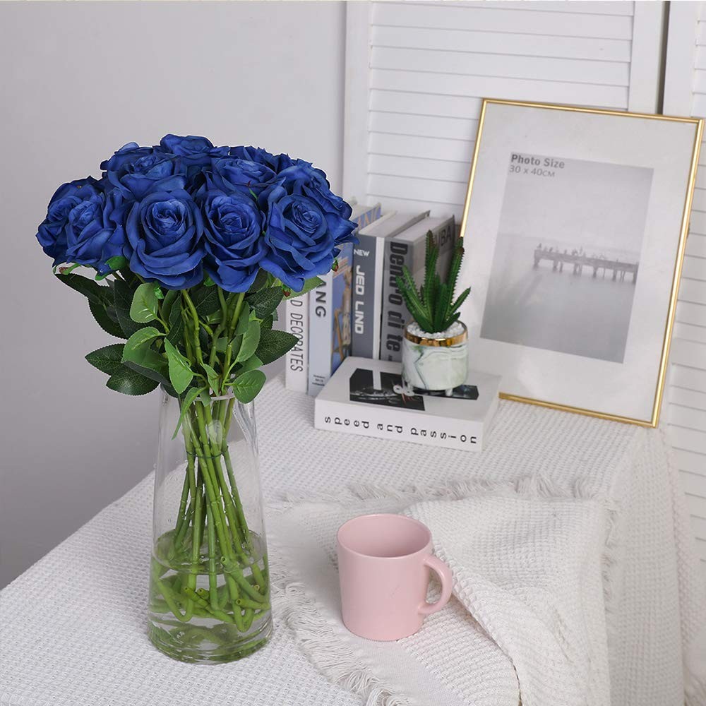 10 PCS Blue Artificial Silk Rose Flower Bouquet Lifelike Fake Wedding Decor