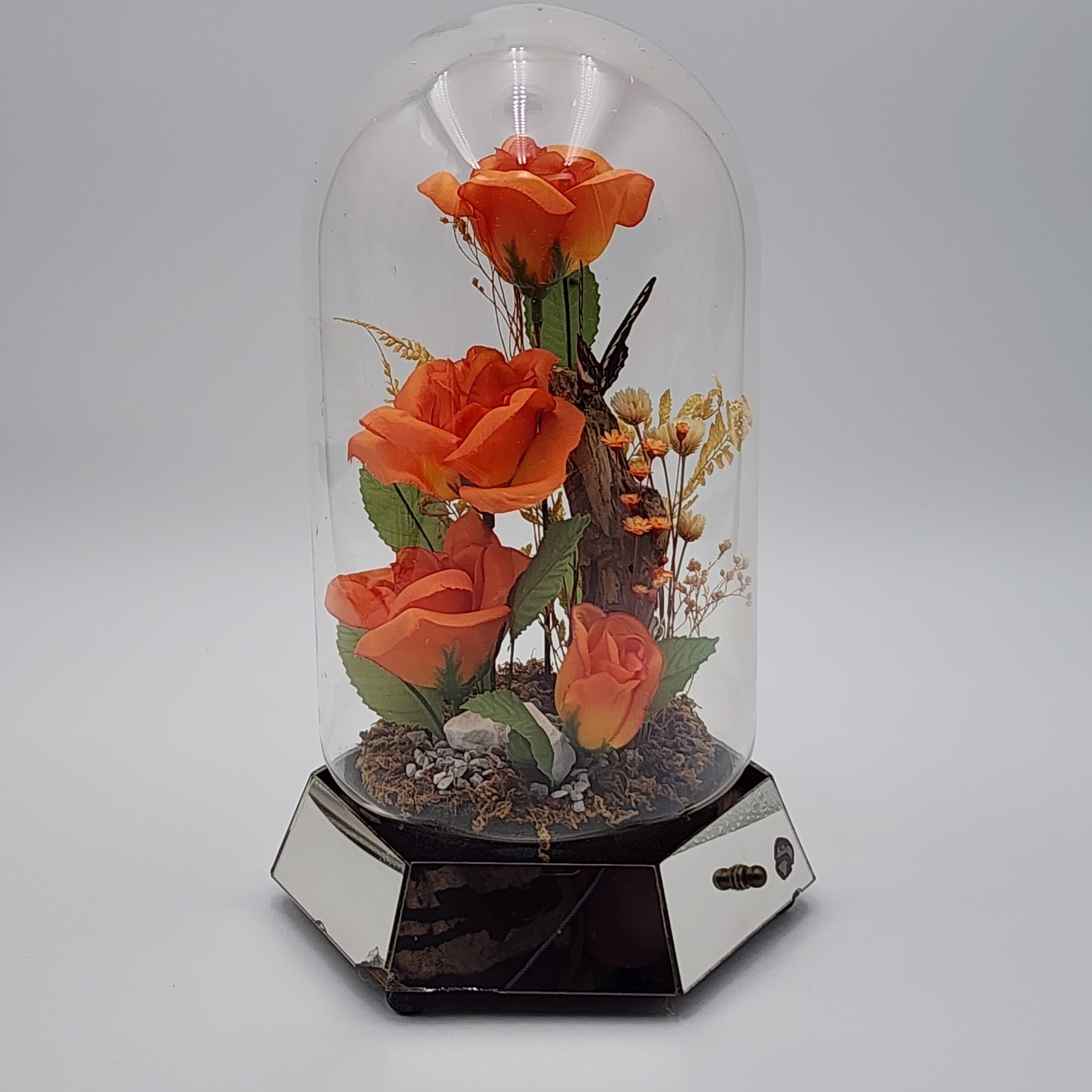 Vintage Glass Dome Floral Cloche with Butterfly Dried & Orange Faux Flowers