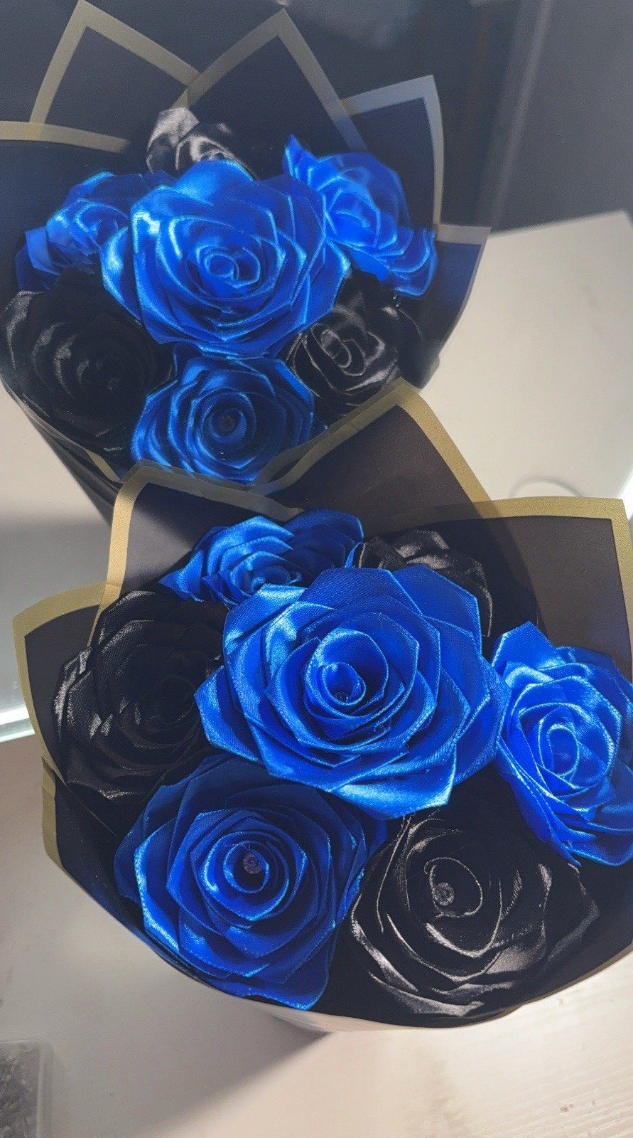 Blue and Black eternal ribbon rose bouquet