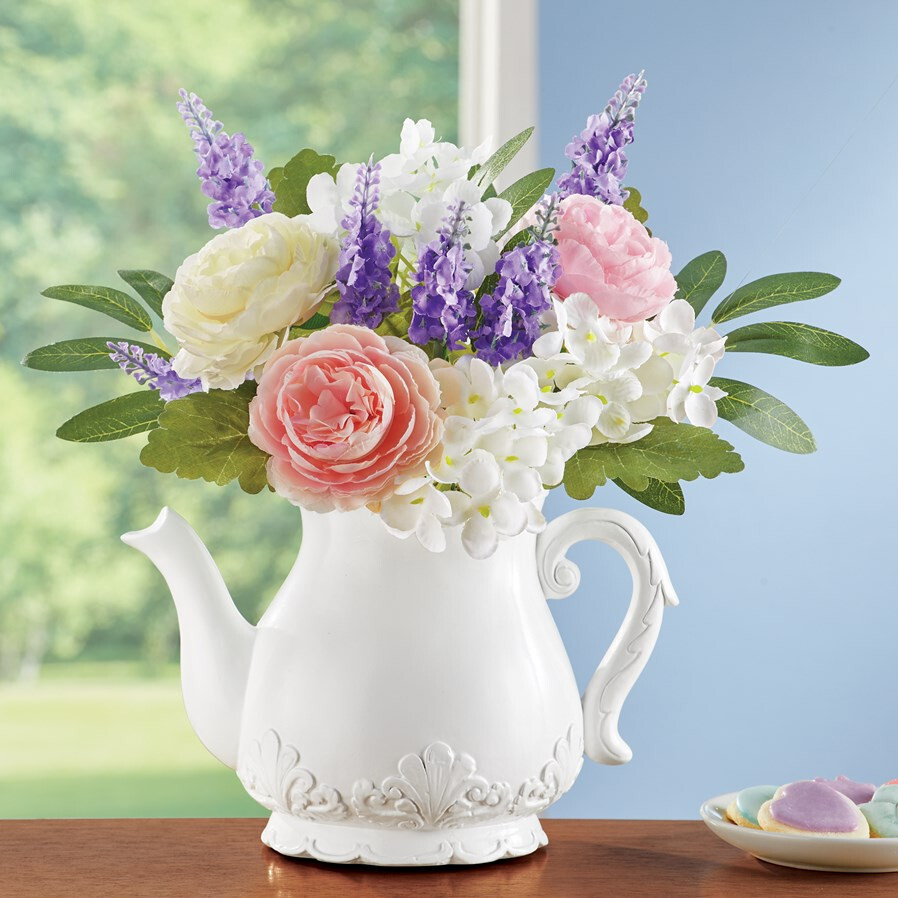 Spring Floral Flowers Bouquet White Ceramic Teapot Vase Arrangement Centerpiece