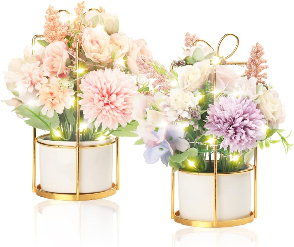 Set of 2 LED Pink & Purple Artificial Flowers for Home & Office Decor