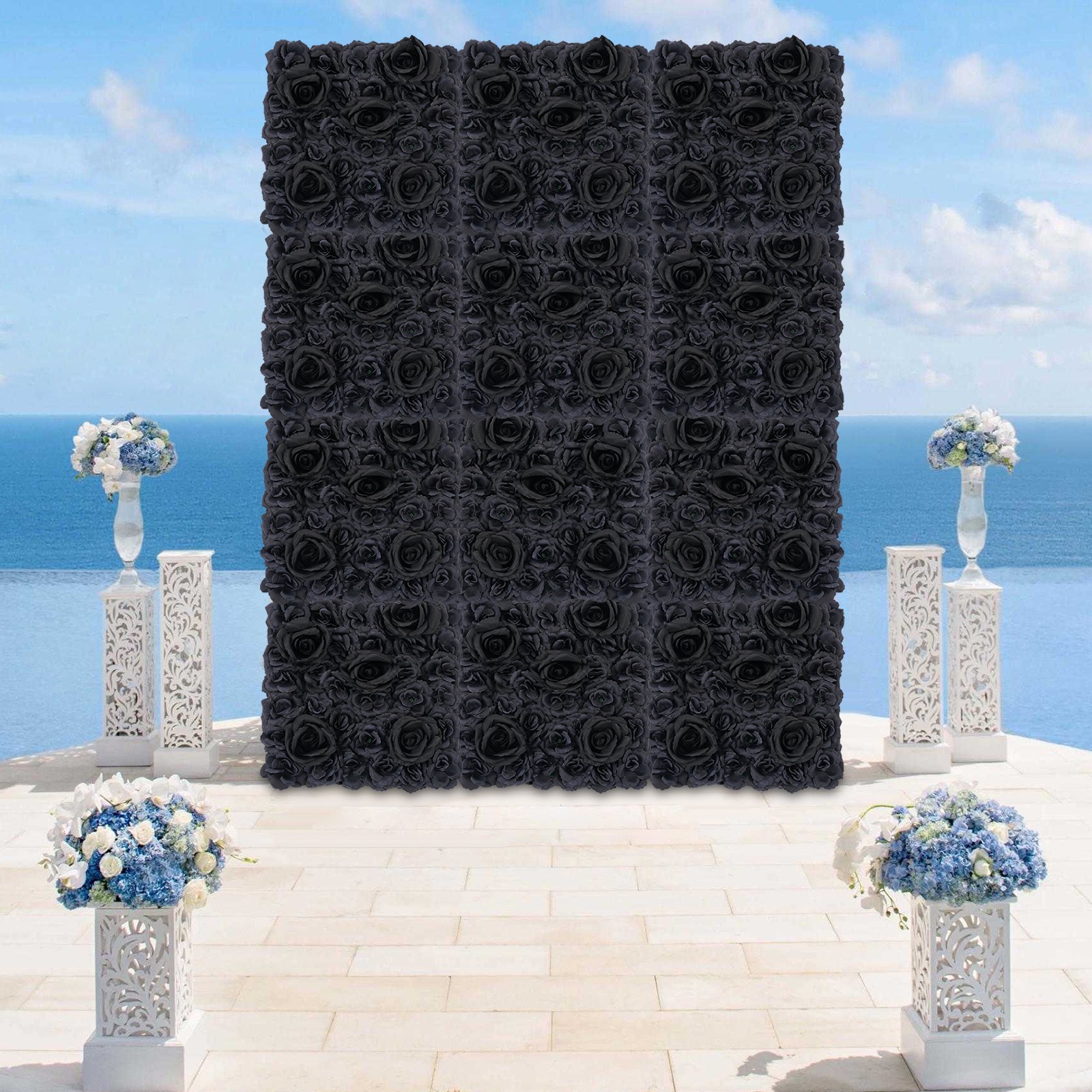 Gothic Style Black Rose Flower Wall Panels Artificial Floral Wedding Decor 12PCS