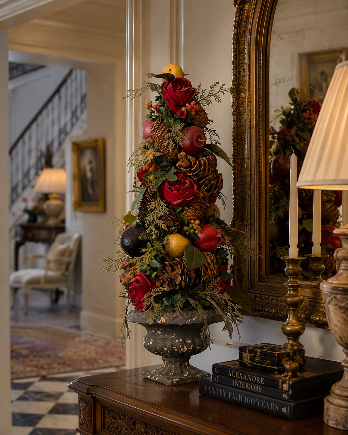 Large 26” European Style Holiday Urn Arrangement Pinecone Fruit Floral Cent. p