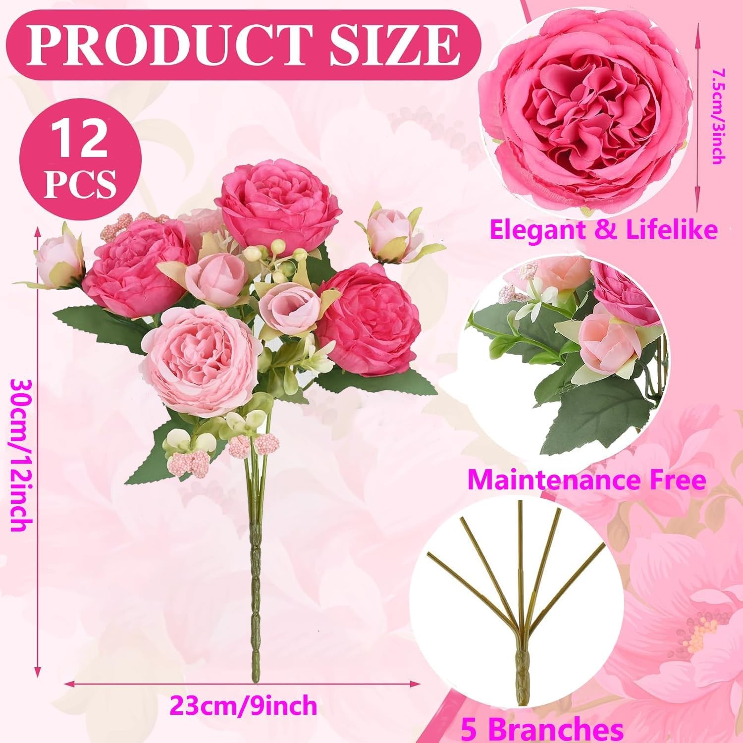 peonies artificial flowers 12 Bundles pink flowers bouquet, Lifelike Silk Fak…