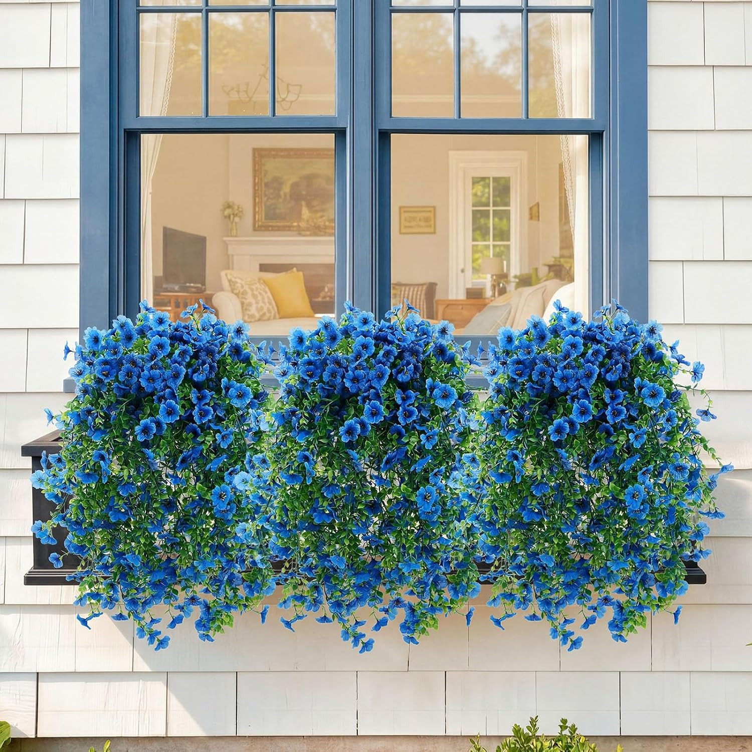 30″ Blue Artificial Hanging Flowers – UV Resistant Faux Plants for Outdoor Decor
